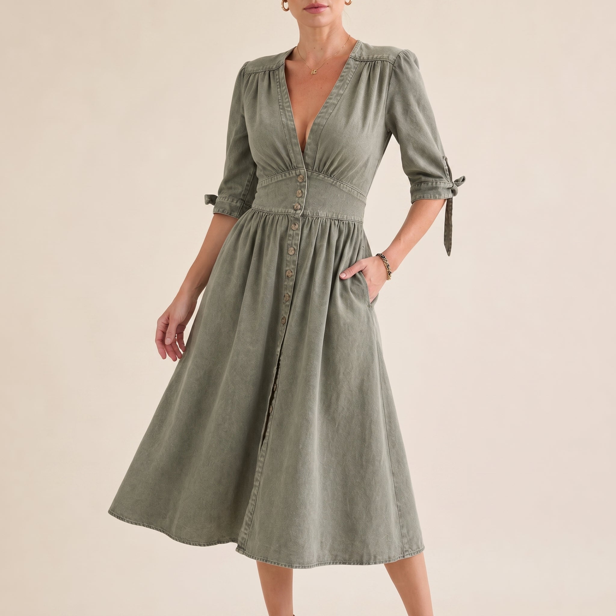 Sophie - Women's Summer Button-Down Tie Sleeve Midi Dress - Dresses - Green - Taylor & Bennett