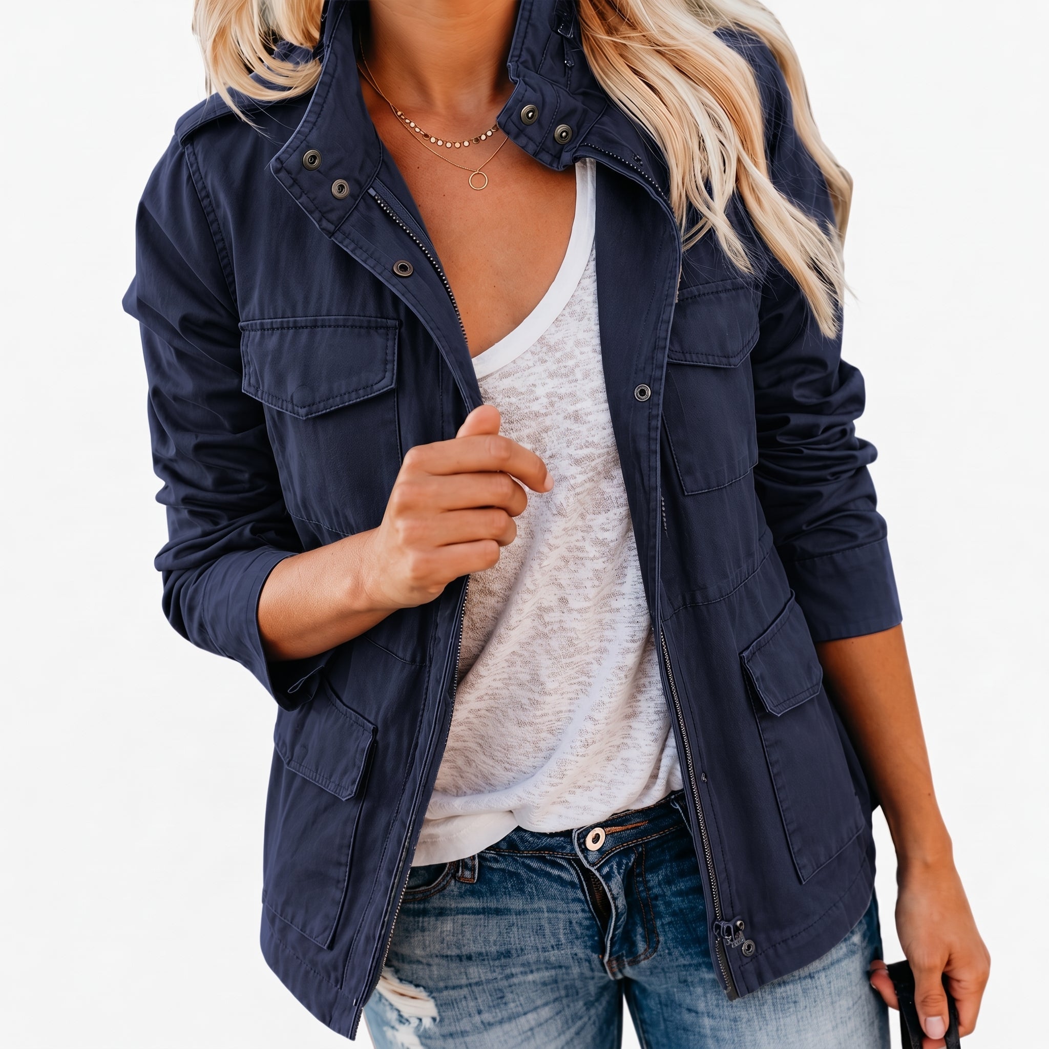 Sophie - Women's Zip-Up Utility Jacket with Chest Pockets - Jackets - Blue - Taylor & Bennett