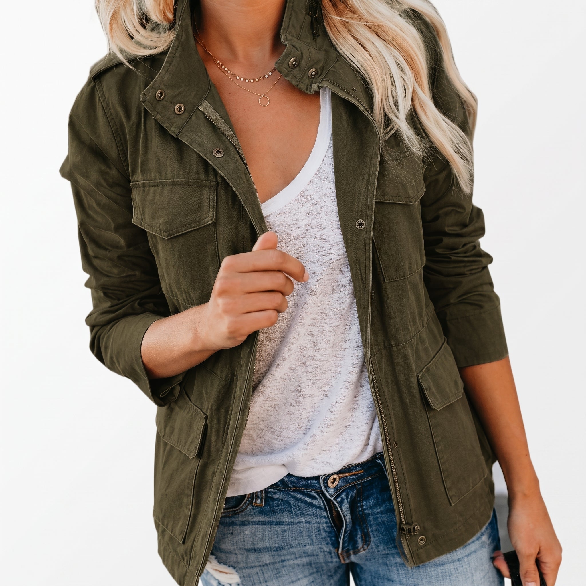 Sophie - Women's Zip-Up Utility Jacket with Chest Pockets - Jackets - Green - Taylor & Bennett