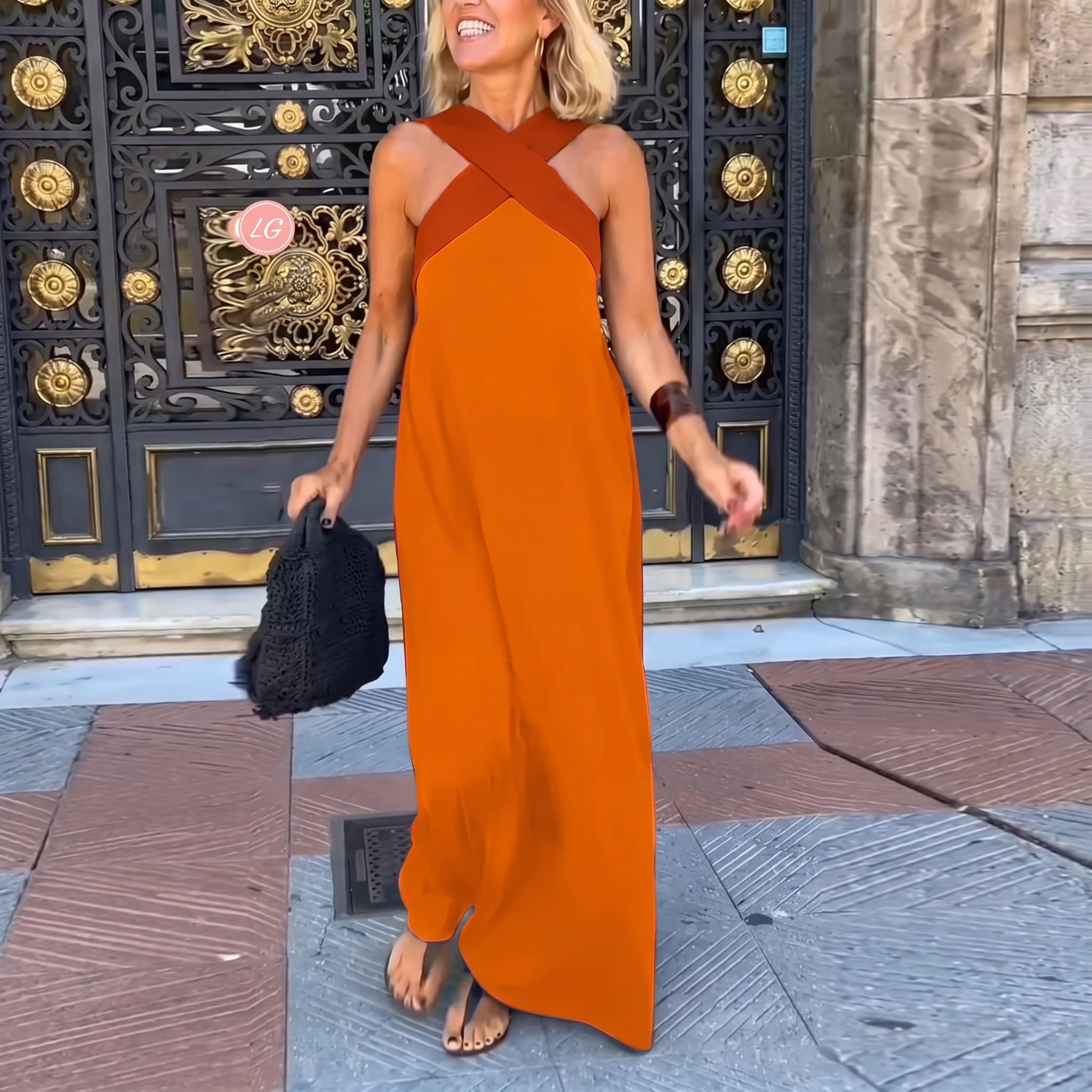 Stella - Women's Summer Crossover Halter Neck Maxi Dress - Maxi Dress - Orange - Taylor & Bennett