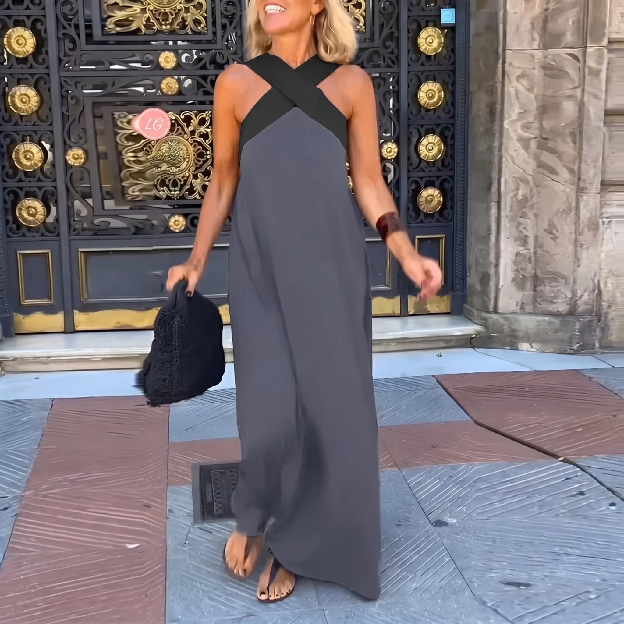 Stella - Women's Summer Crossover Halter Neck Maxi Dress - Maxi Dress - Grey - Taylor & Bennett