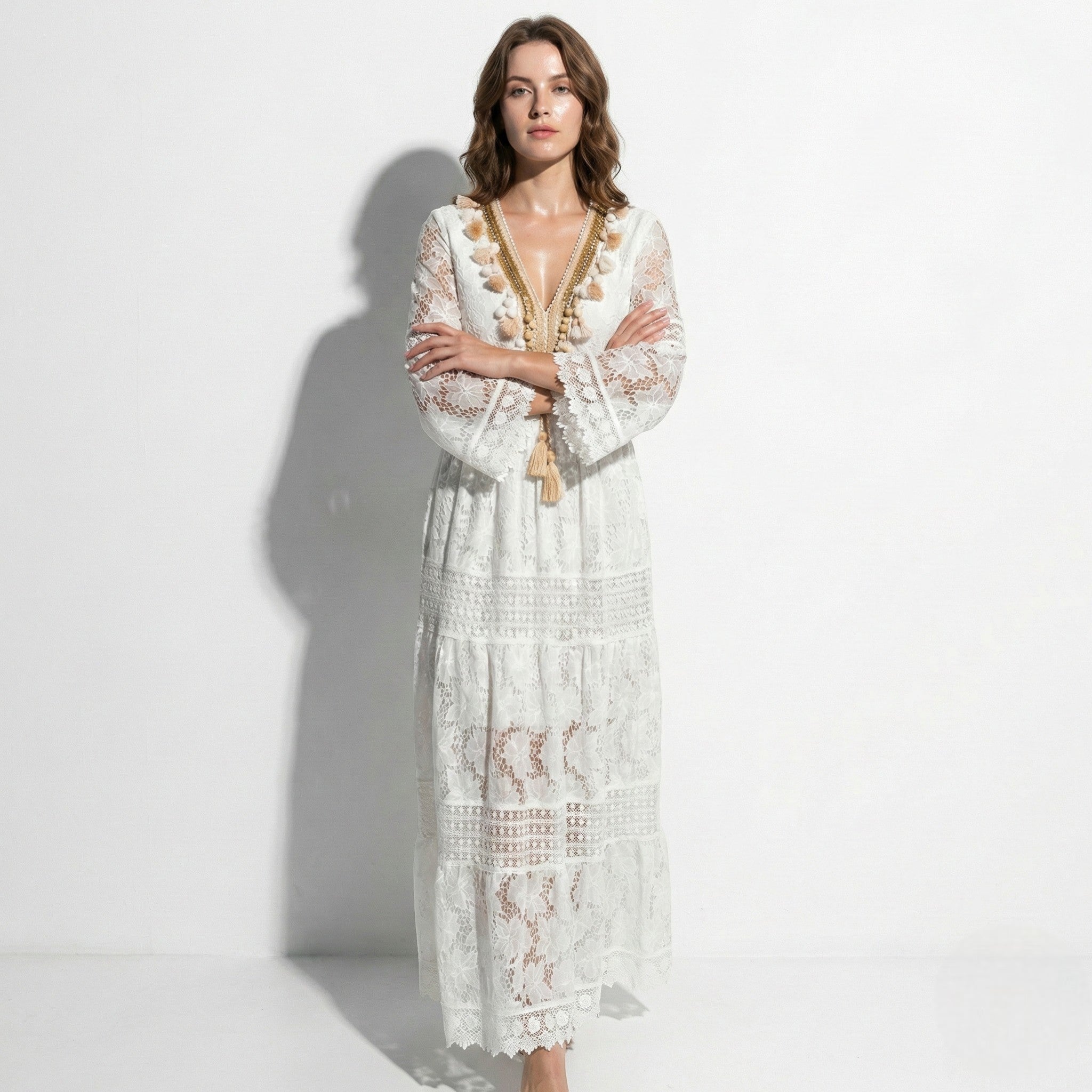 Thea - Women's Long Sleeved Boho Maxi Dress with Lace Details - Dress - White - Taylor & Bennett