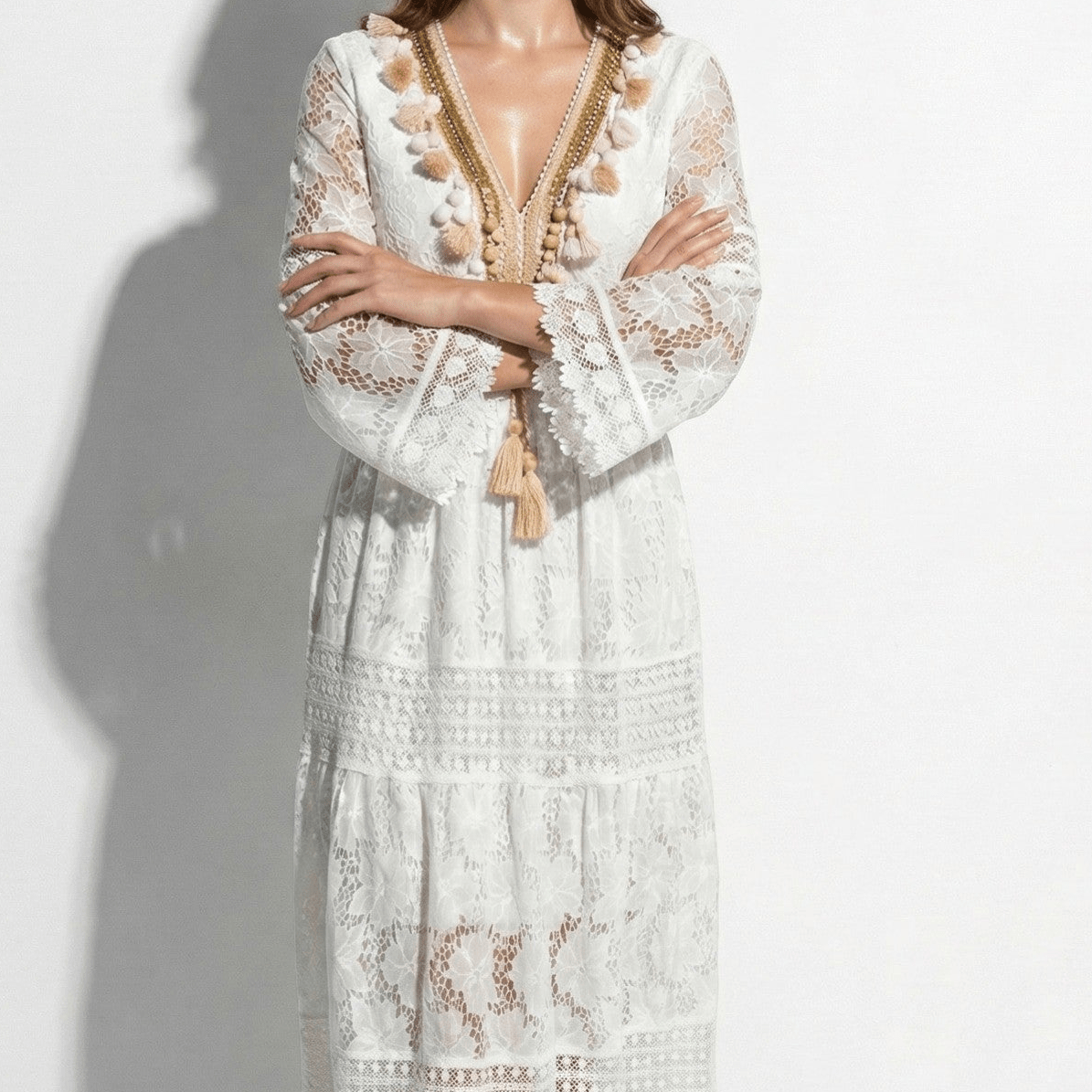 Thea - Women's Long Sleeved Boho Maxi Dress with Lace Details - Dress - White - Taylor & Bennett