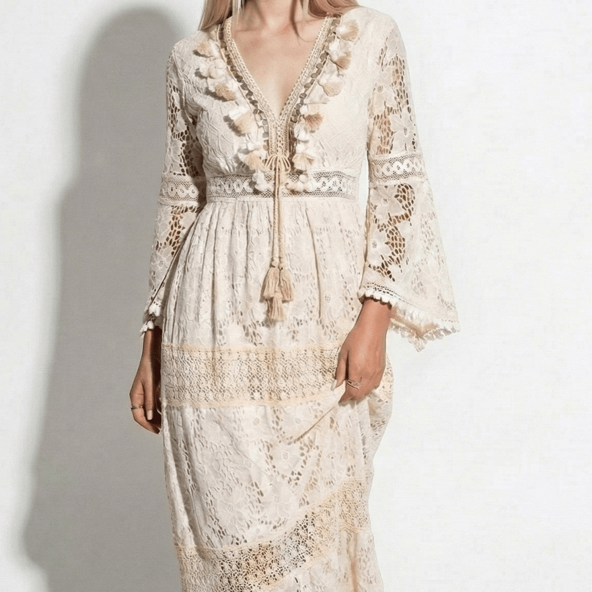 Thea - Women's Long Sleeved Boho Maxi Dress with Lace Details - Dress - Beige - Taylor & Bennett