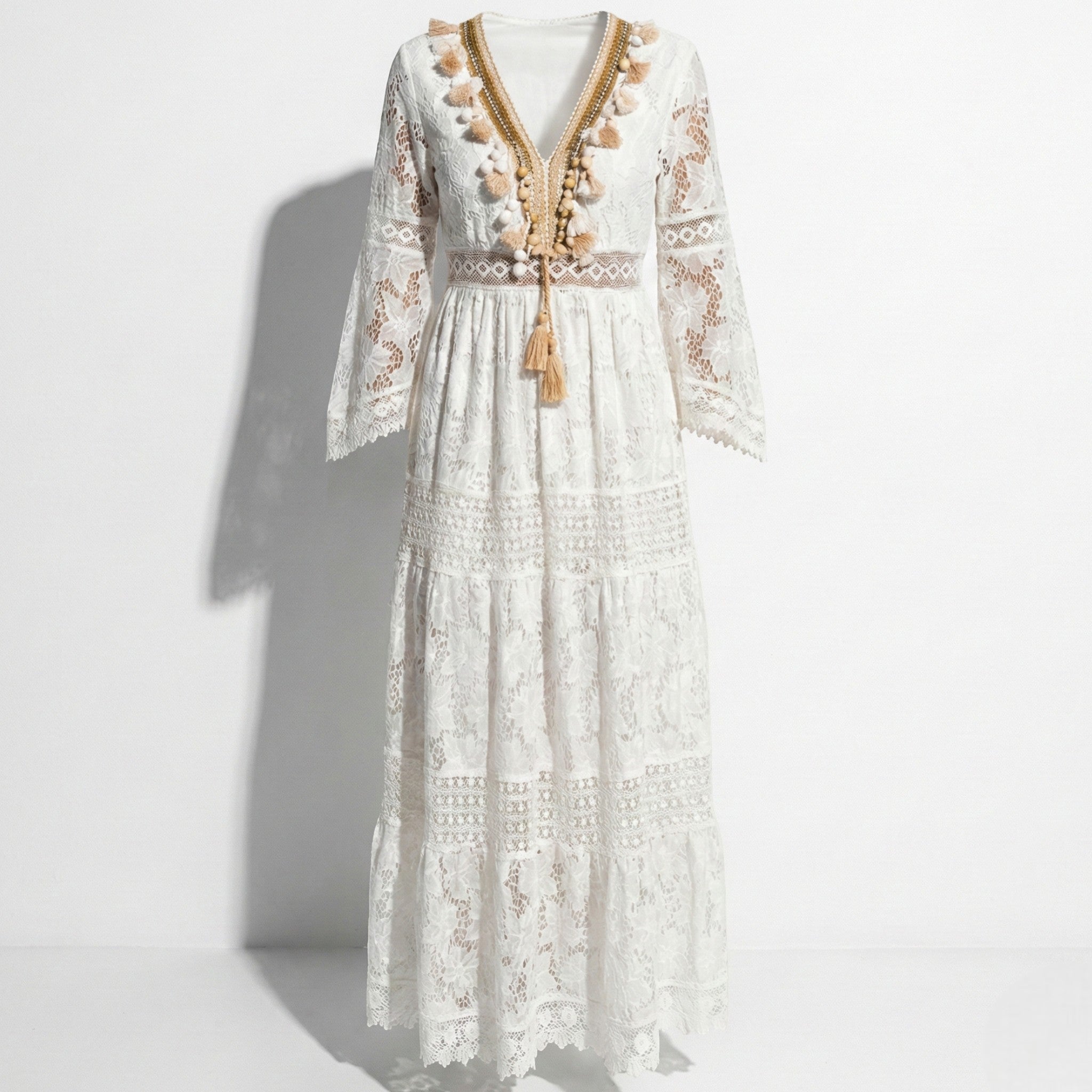 Thea - Women's Long Sleeved Boho Maxi Dress with Lace Details - Dress - White - Taylor & Bennett