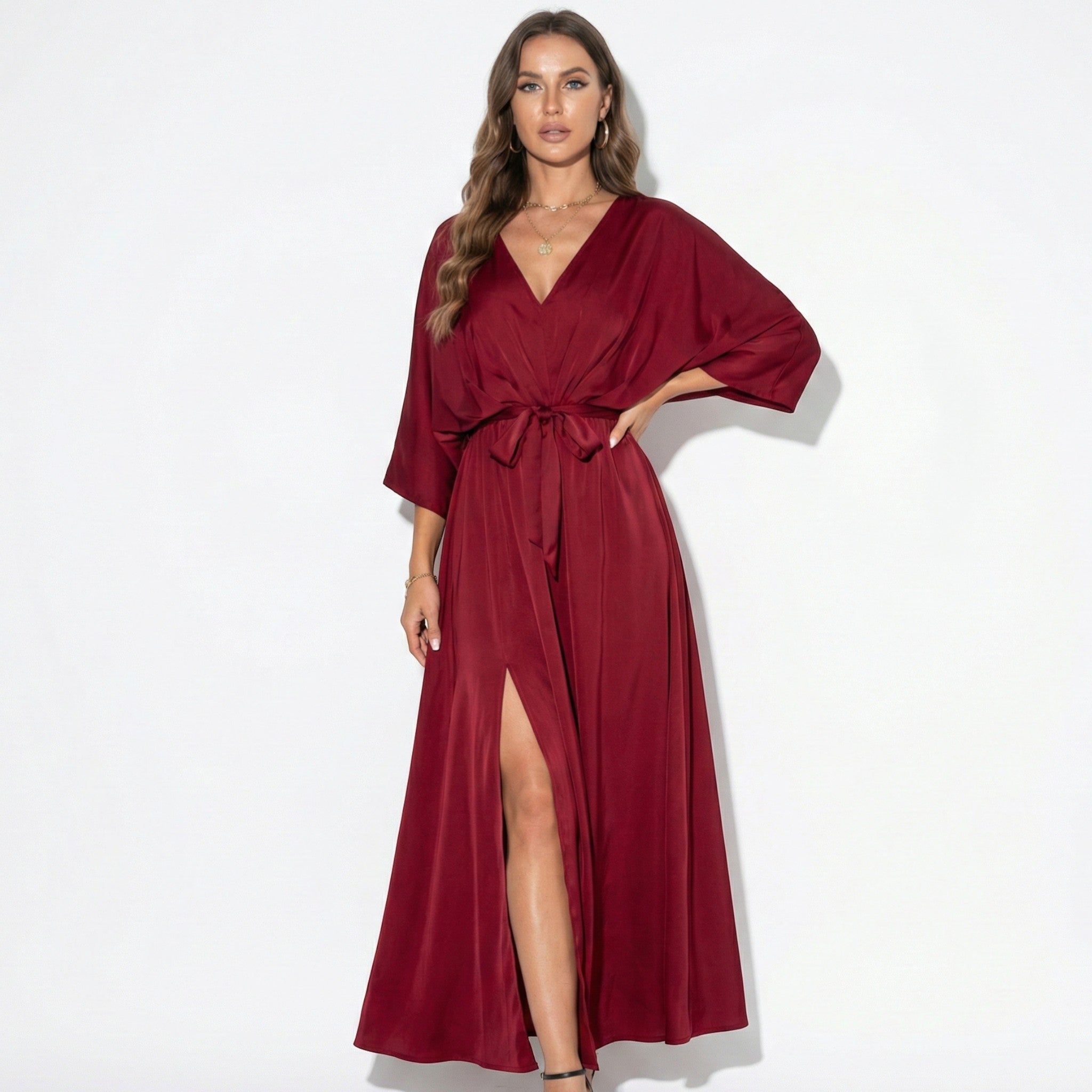 Thea - Women's V - Neck Batwing Sleeve Maxi Dress - Dress - Red - Taylor & Bennett