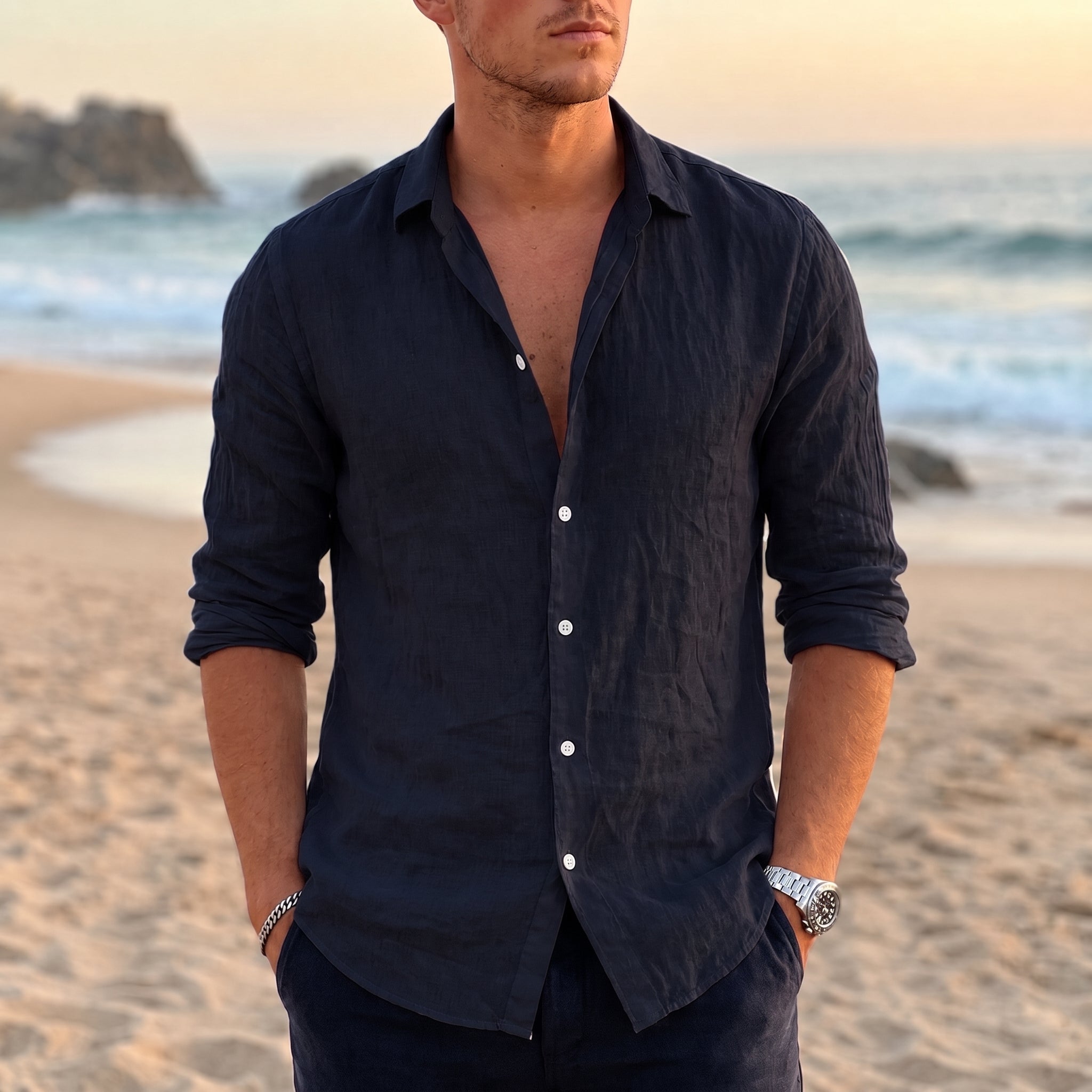 Thomas - Men's Summer Linen Point Collar Long Sleeve Shirt - Shirt - Black - Taylor & Bennett