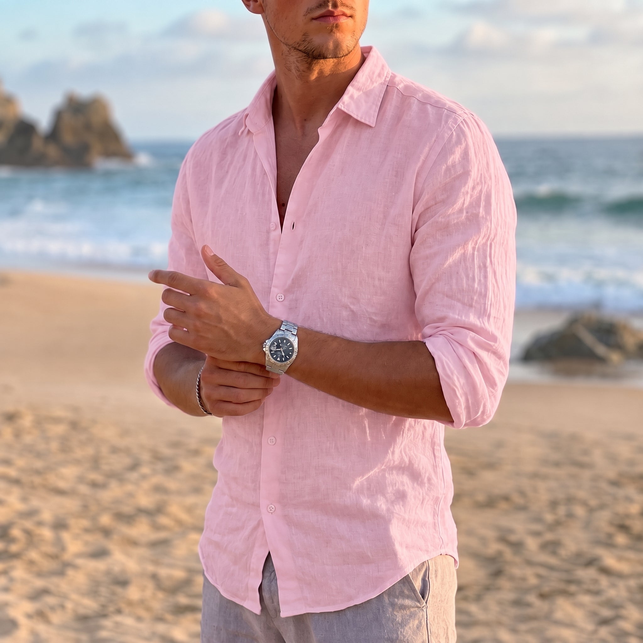 Thomas - Men's Summer Linen Point Collar Long Sleeve Shirt - Shirt - Pink - Taylor & Bennett