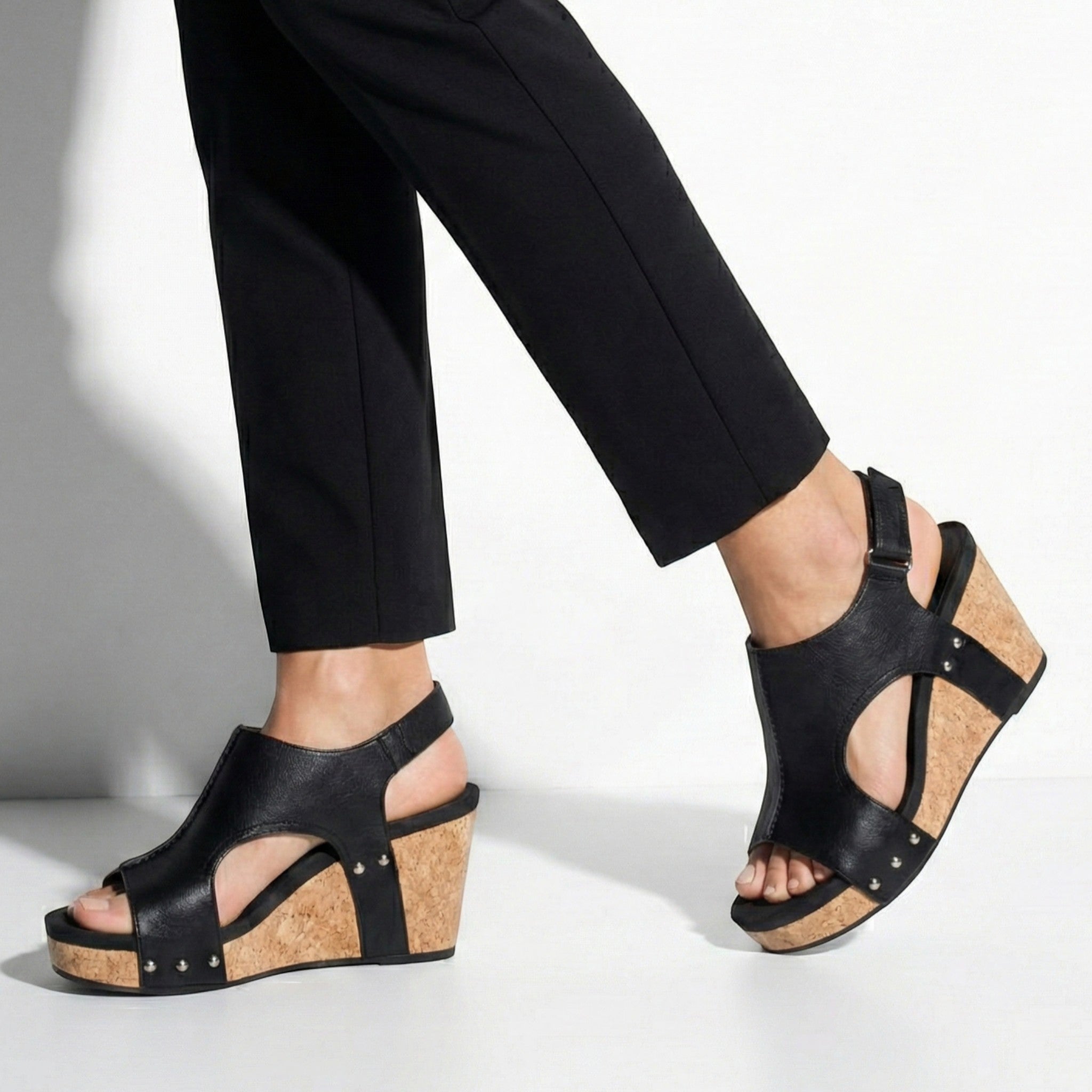 Valery - Women's Open Toe Wedge Sandals with Adjustable Strap - Sandals - Black - Taylor & Bennett