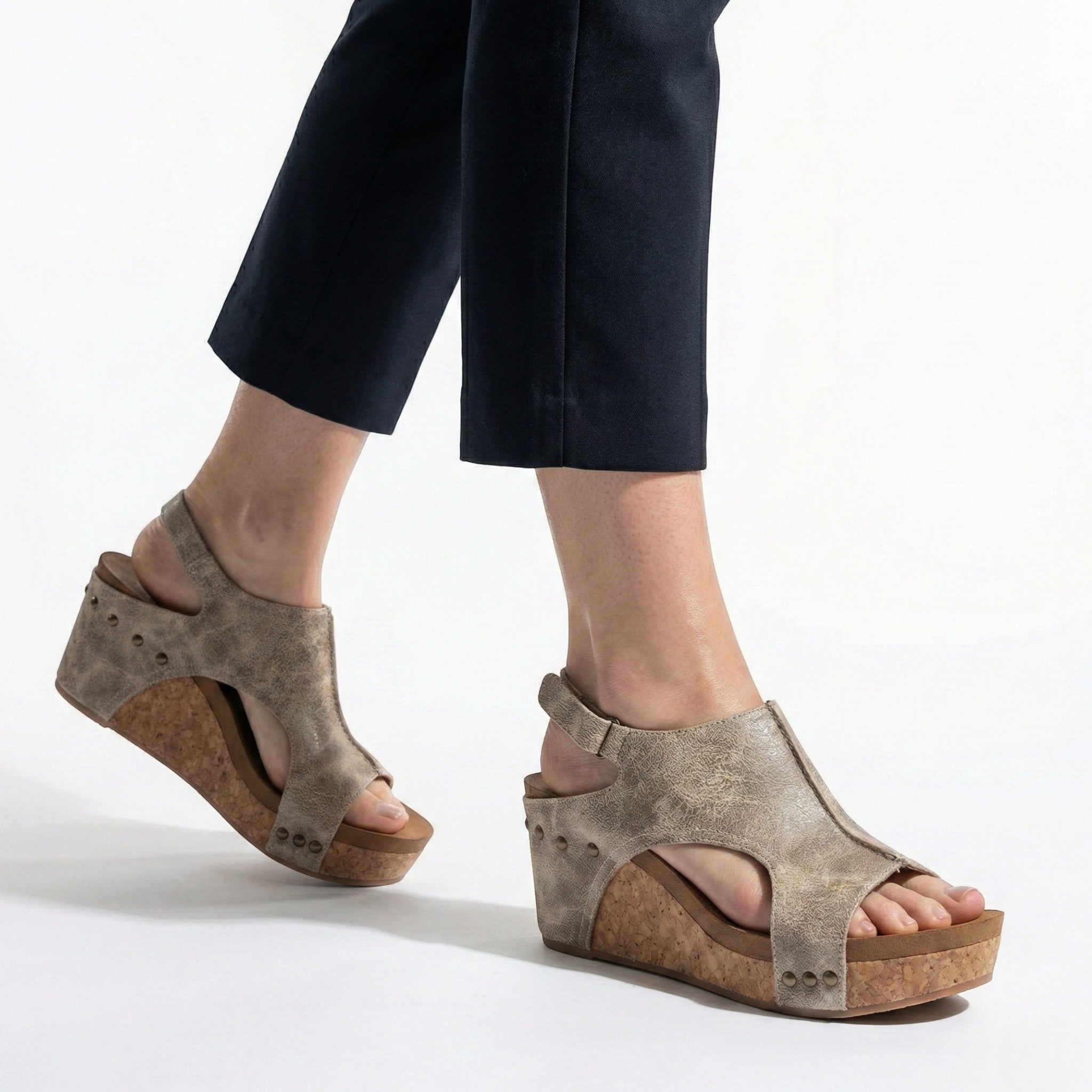 Valery - Women's Open Toe Wedge Sandals with Adjustable Strap - Sandals - Beige - Taylor & Bennett