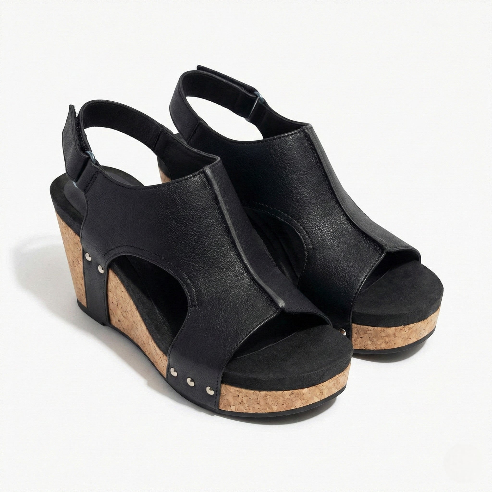 Valery - Women's Open Toe Wedge Sandals with Adjustable Strap - Sandals - Black - Taylor & Bennett