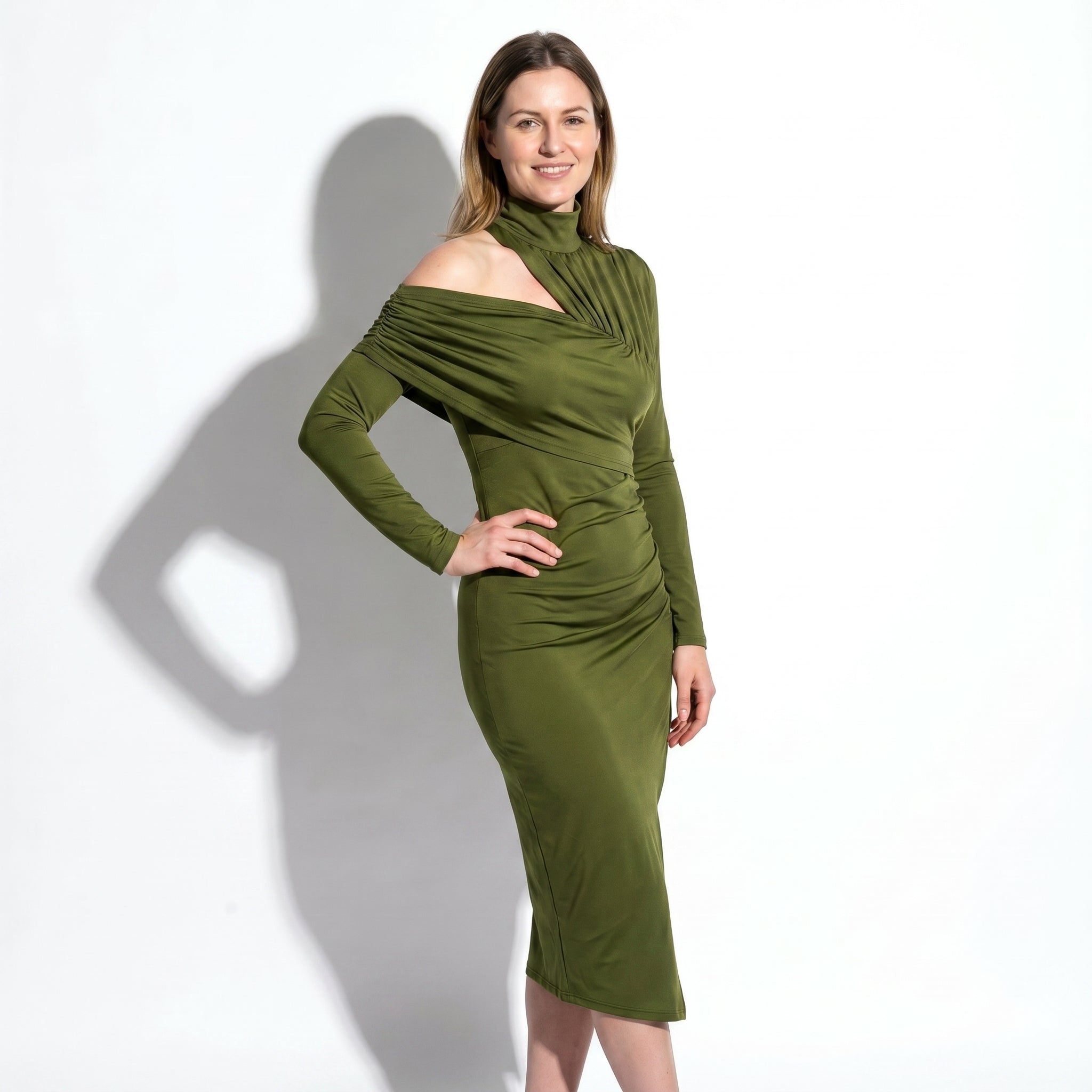 Vivienne - Women's Evening Boycon Turtleneck Midi Dress - Dress - Olive Green - Taylor & Bennett