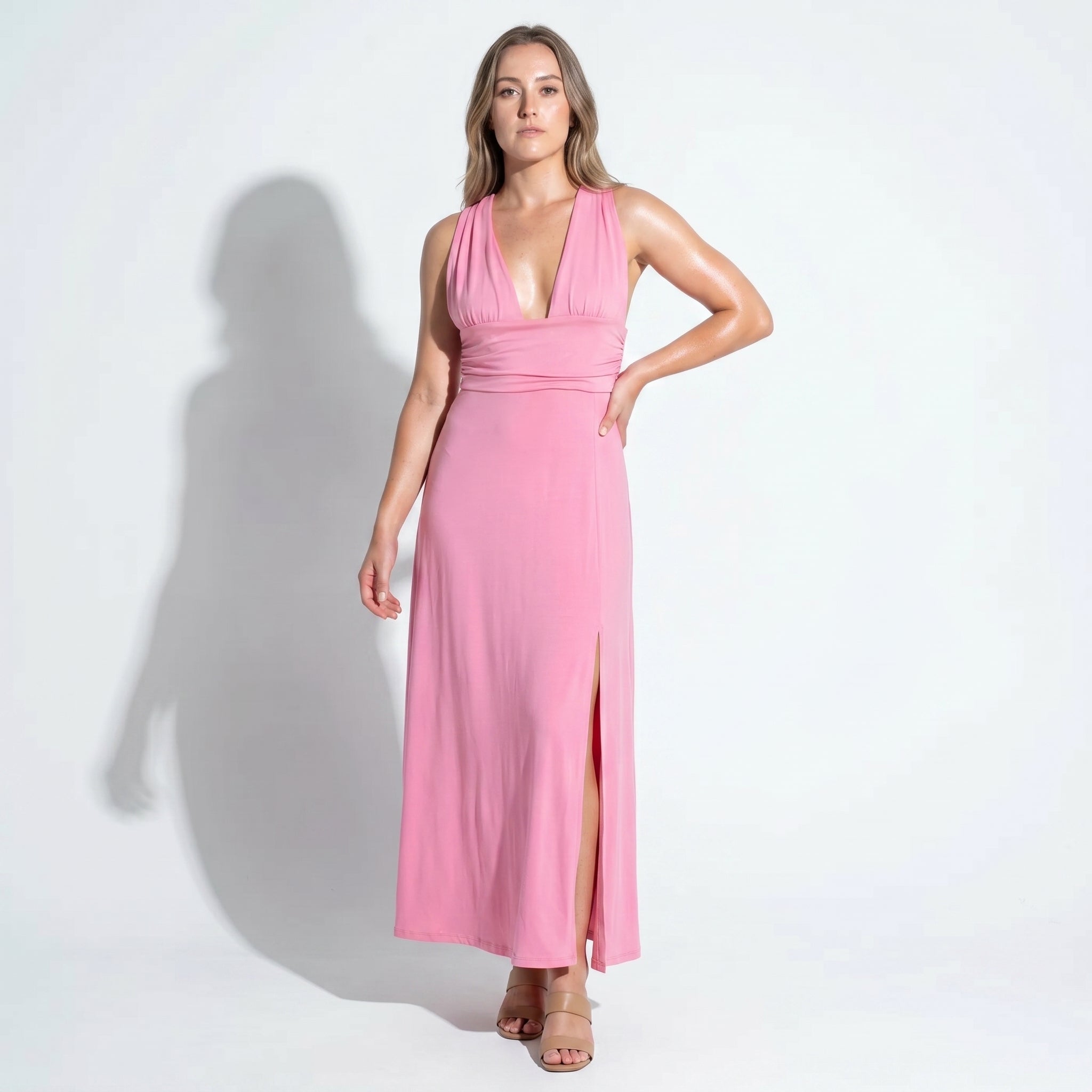 Women's Summer Party Plunge Maxi Dress with High Split - Maxi Dress - Pink - Taylor & Bennett