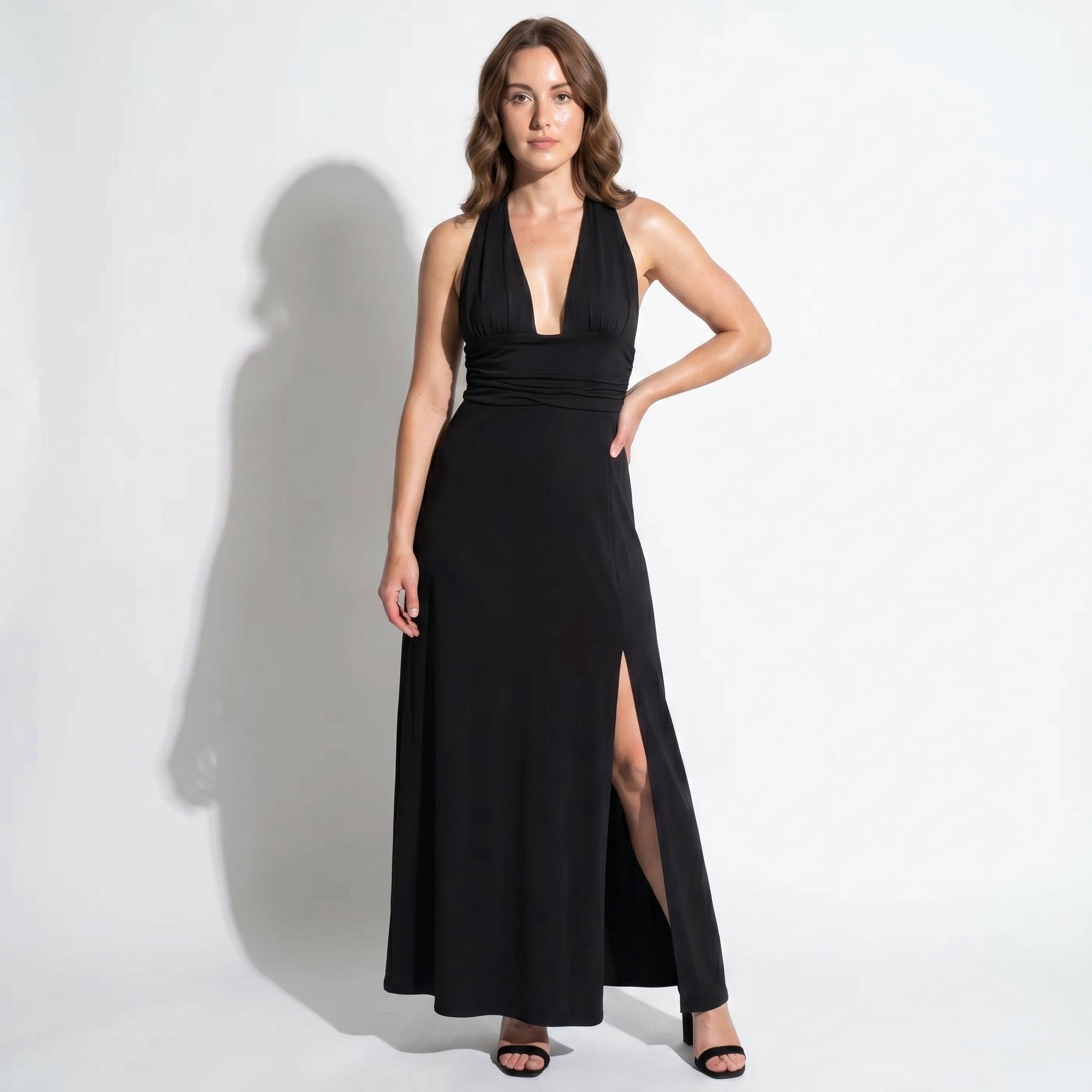 Women's Summer Party Plunge Maxi Dress with High Split - Maxi Dress - Black - Taylor & Bennett