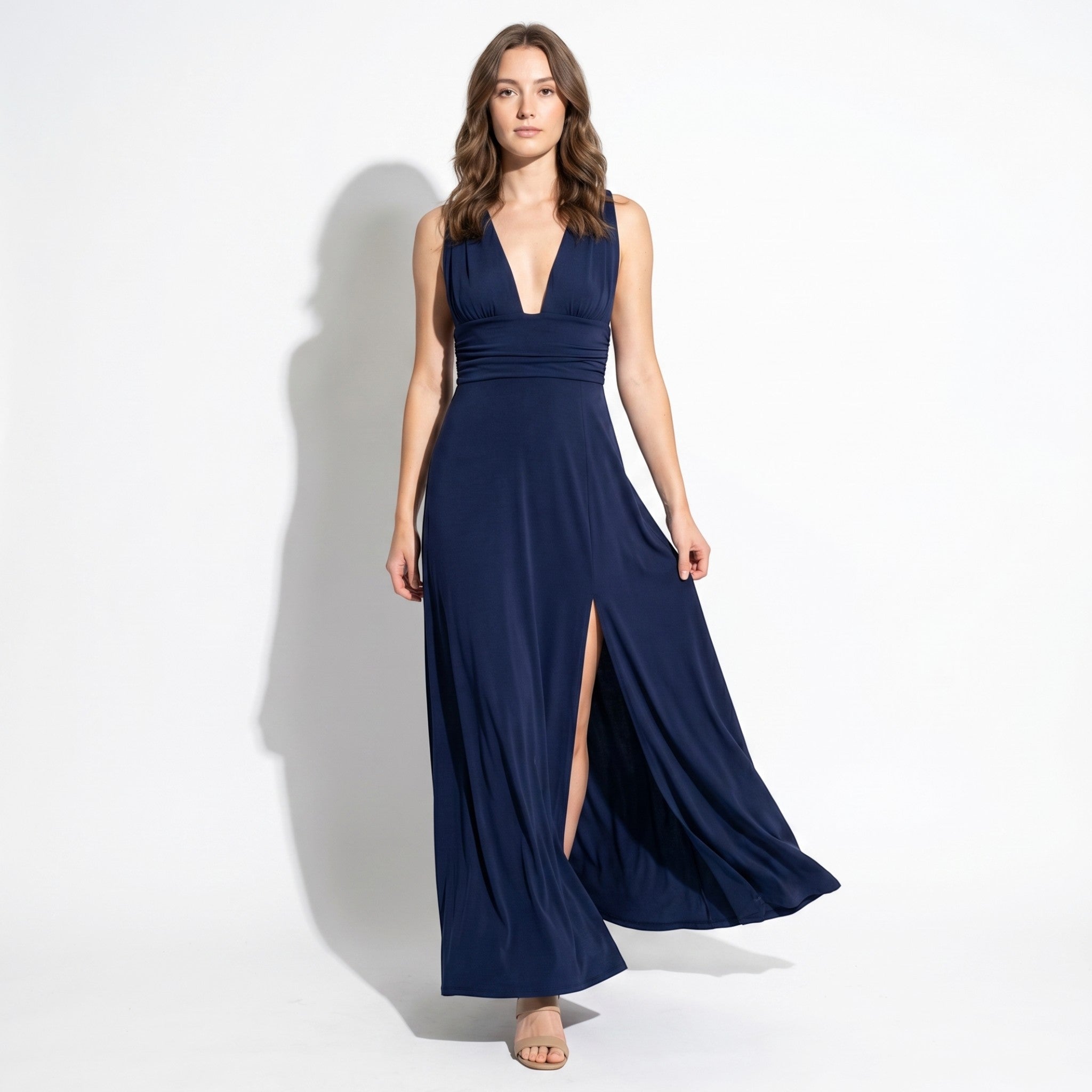 Women's Summer Party Plunge Maxi Dress with High Split - Maxi Dress - Navy Blue - Taylor & Bennett