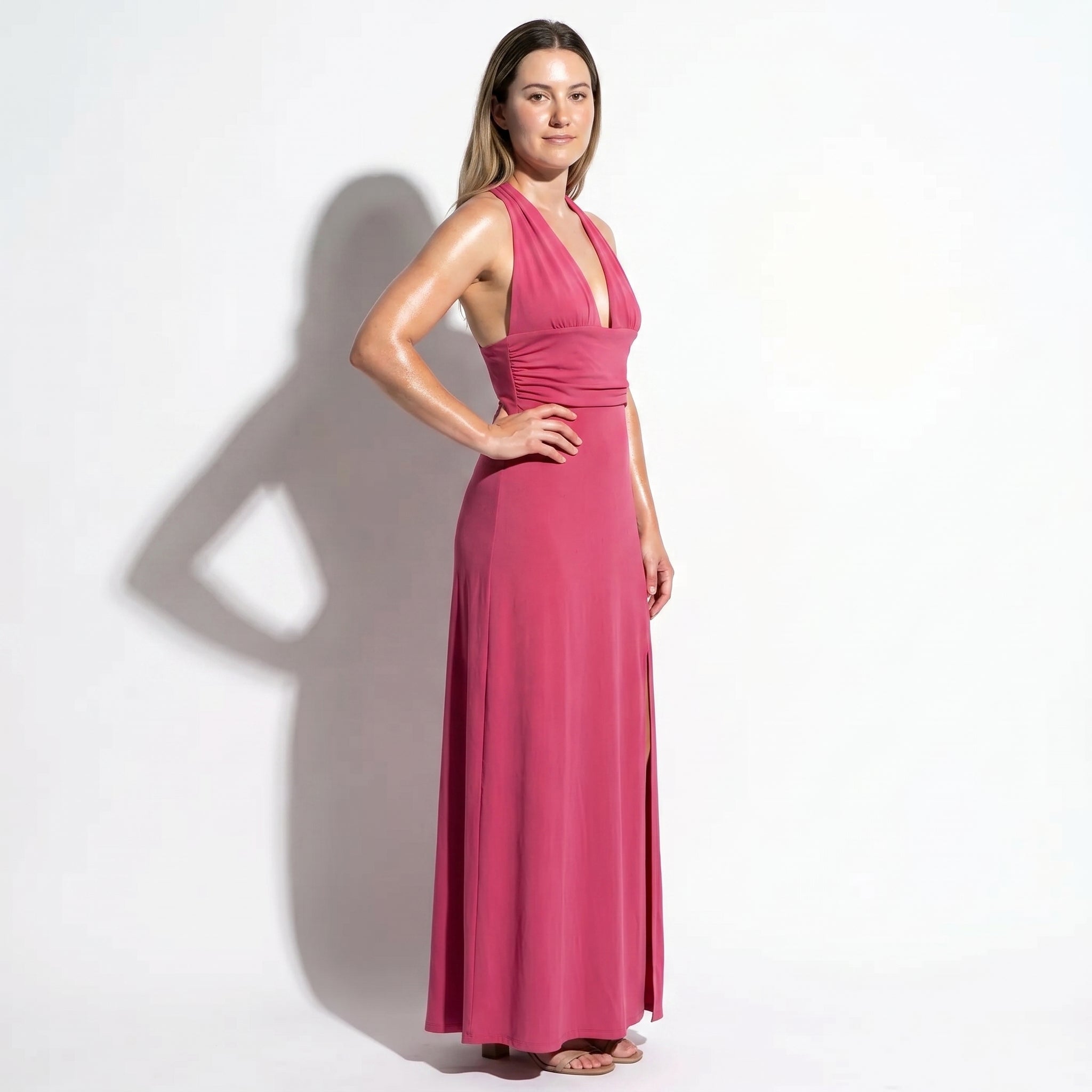 Women's Summer Party Plunge Maxi Dress with High Split - Maxi Dress - Dark Pink - Taylor & Bennett