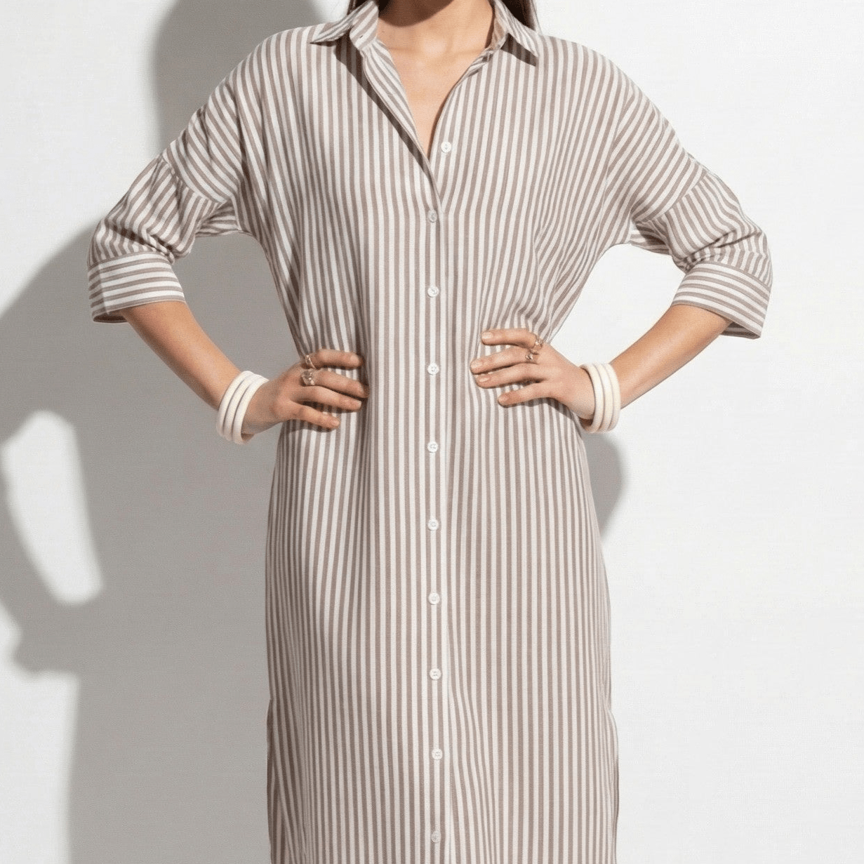 Zoe - Women's Striped Oversized Shirt Dress with Button Front - Dresses - Khaki - Taylor & Bennett