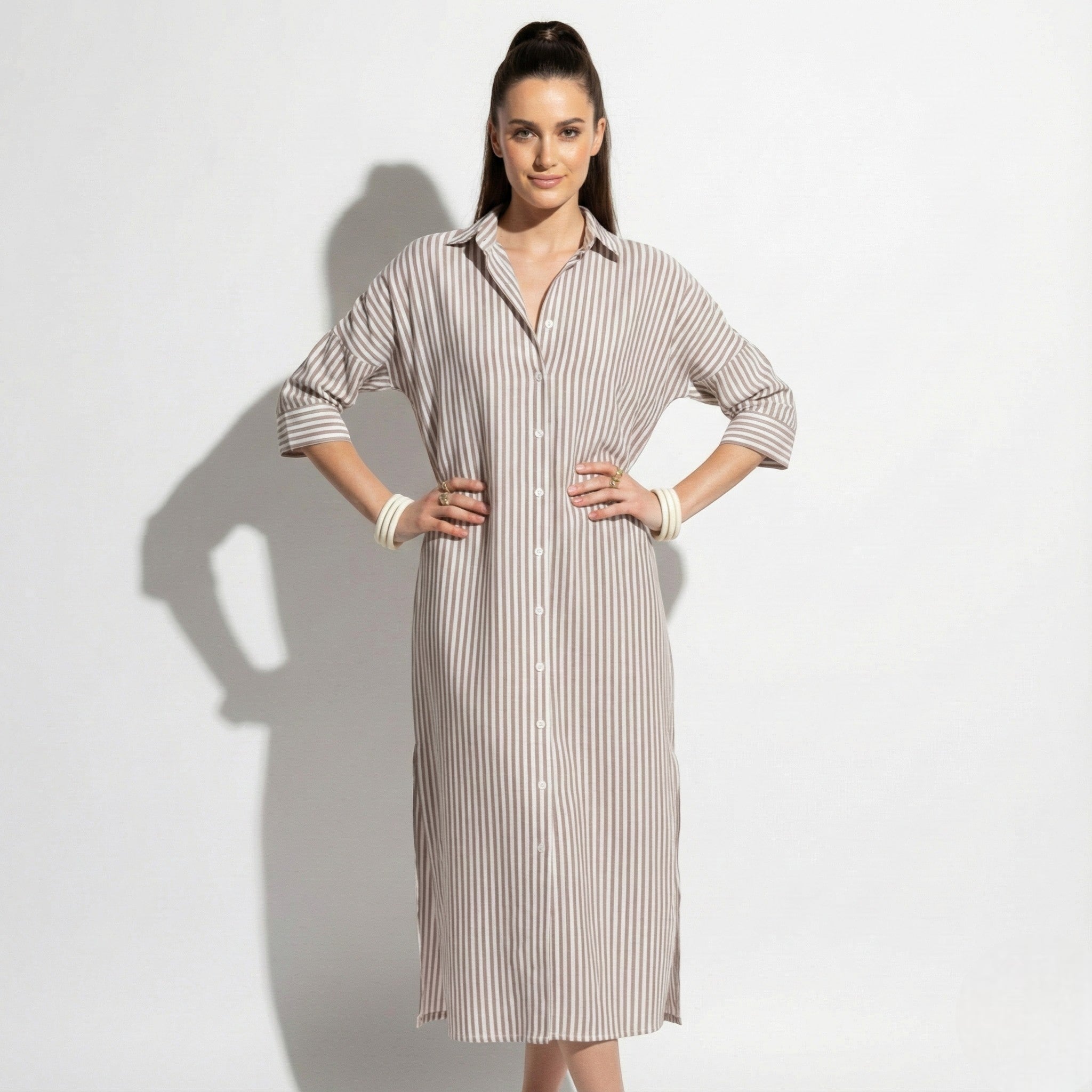 Zoe - Women's Striped Oversized Shirt Dress with Button Front - Dresses - Khaki - Taylor & Bennett