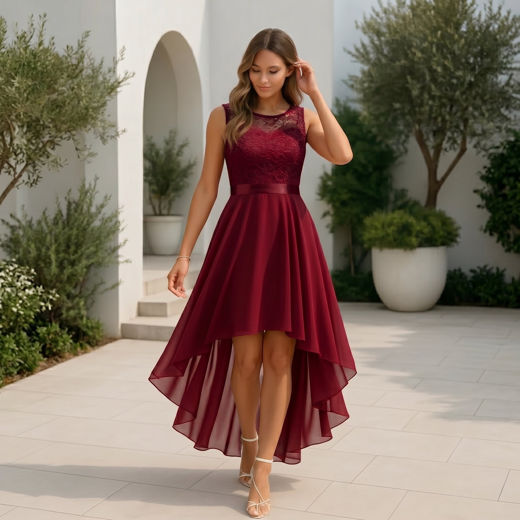 Rosie - Women's Party Lace Bodice Asymmetric Midi Dress