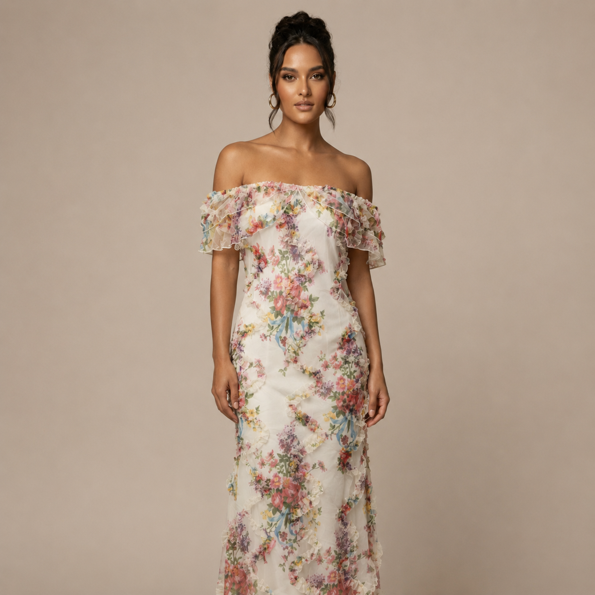 Gisela - Women's Off-Shoulder Vintage Floral Chiffon Maxi Dress