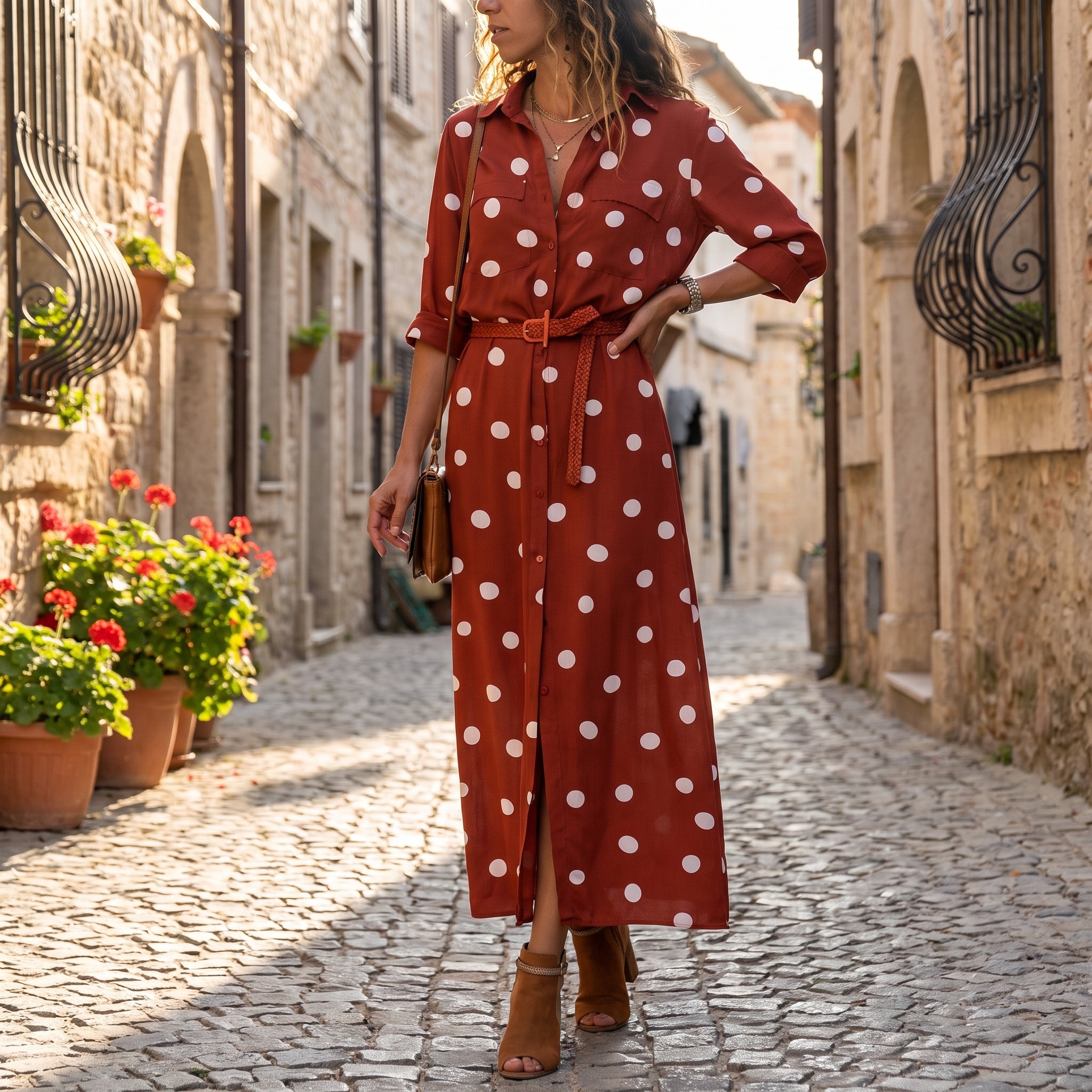 Georgia - Women's Summer Polka Dot Collared Shirt Maxi Dress