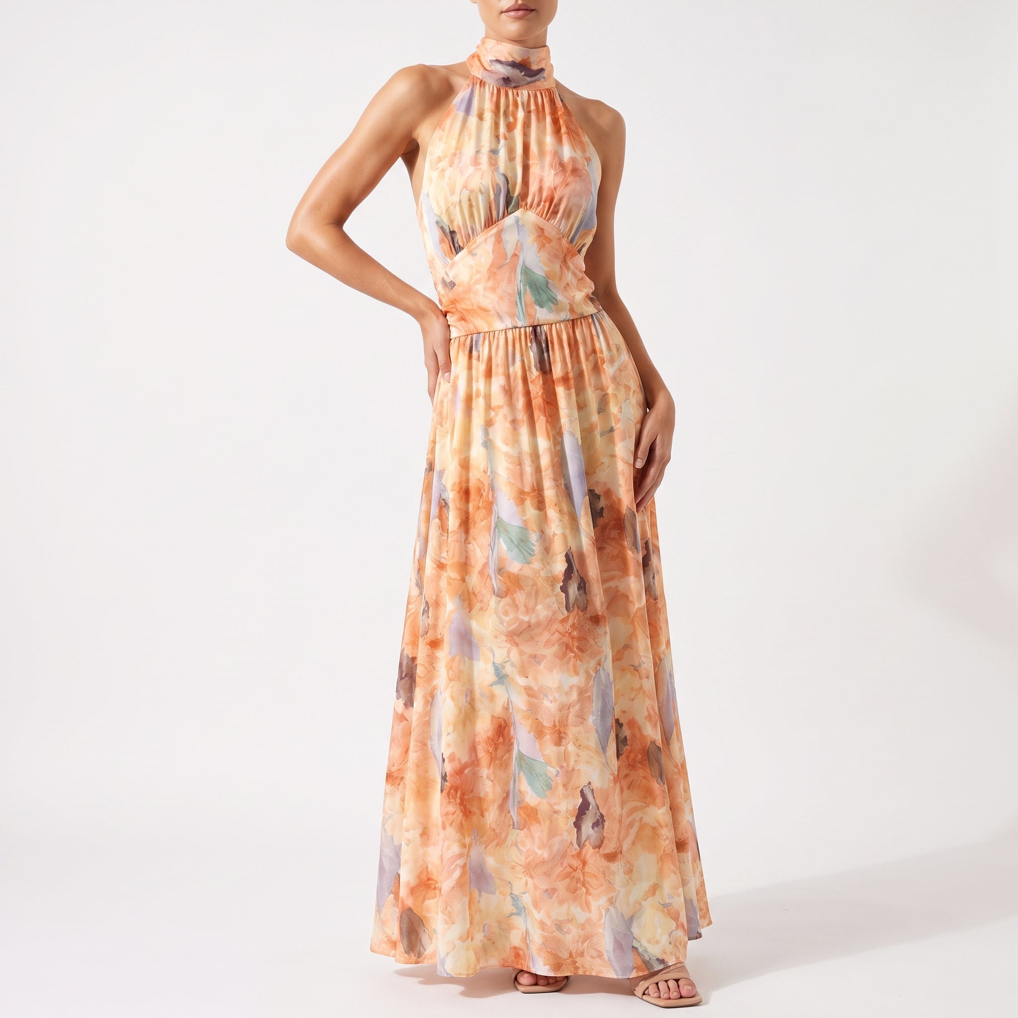 Amber - Women's Summer Abstract Print Halter Neck Maxi Dress