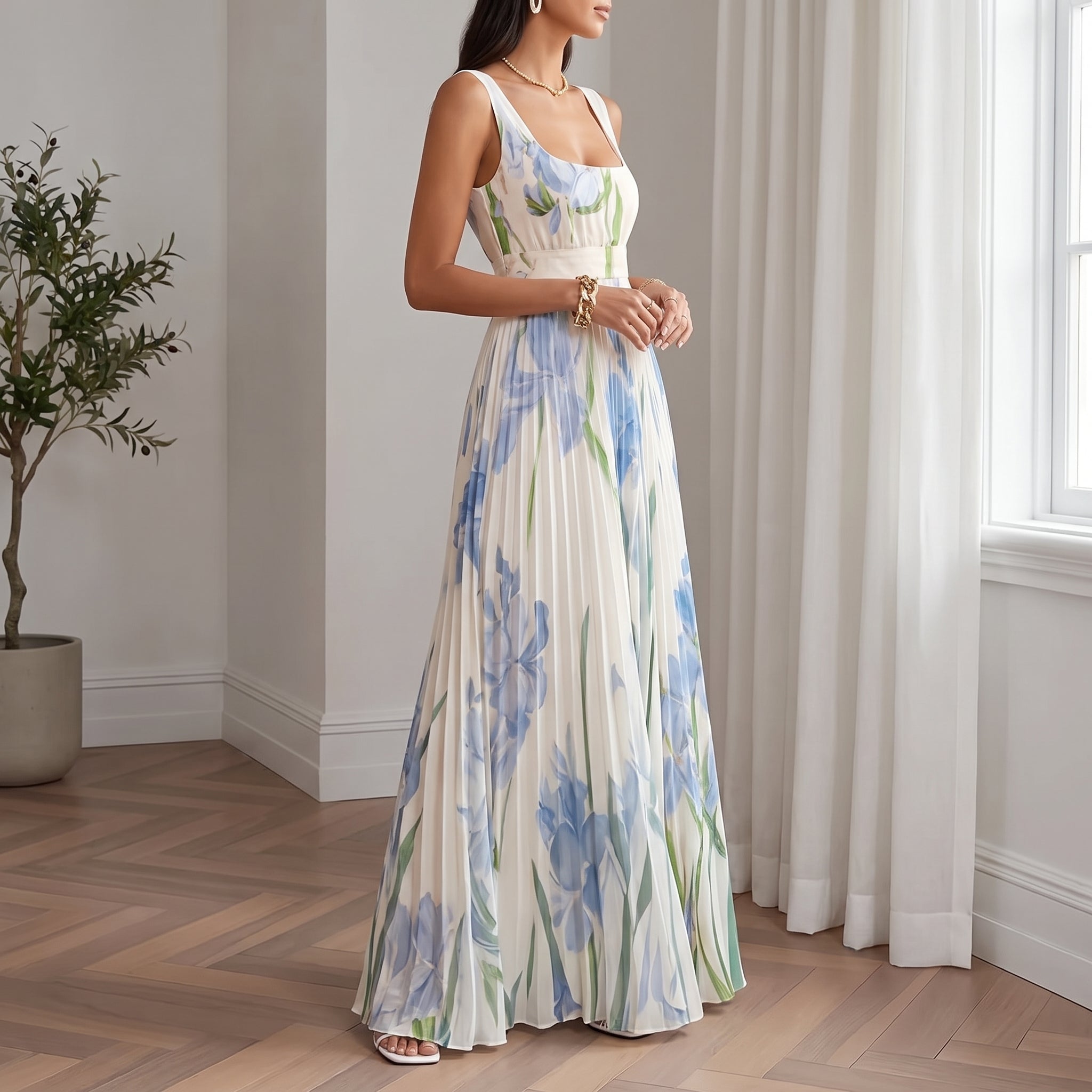 Georgia - Women's Summer Floral Print Pleated Maxi Dress