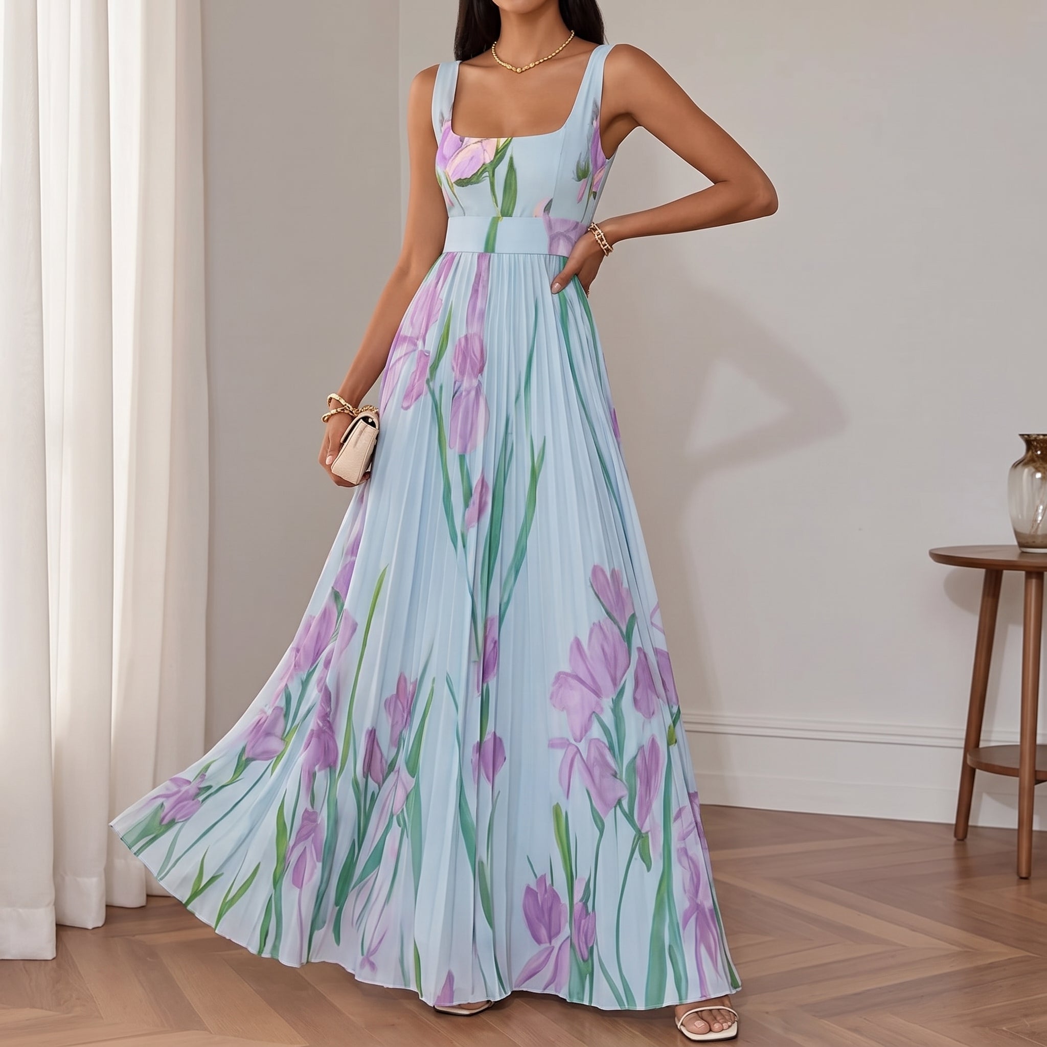 Georgia - Women's Summer Floral Print Pleated Maxi Dress