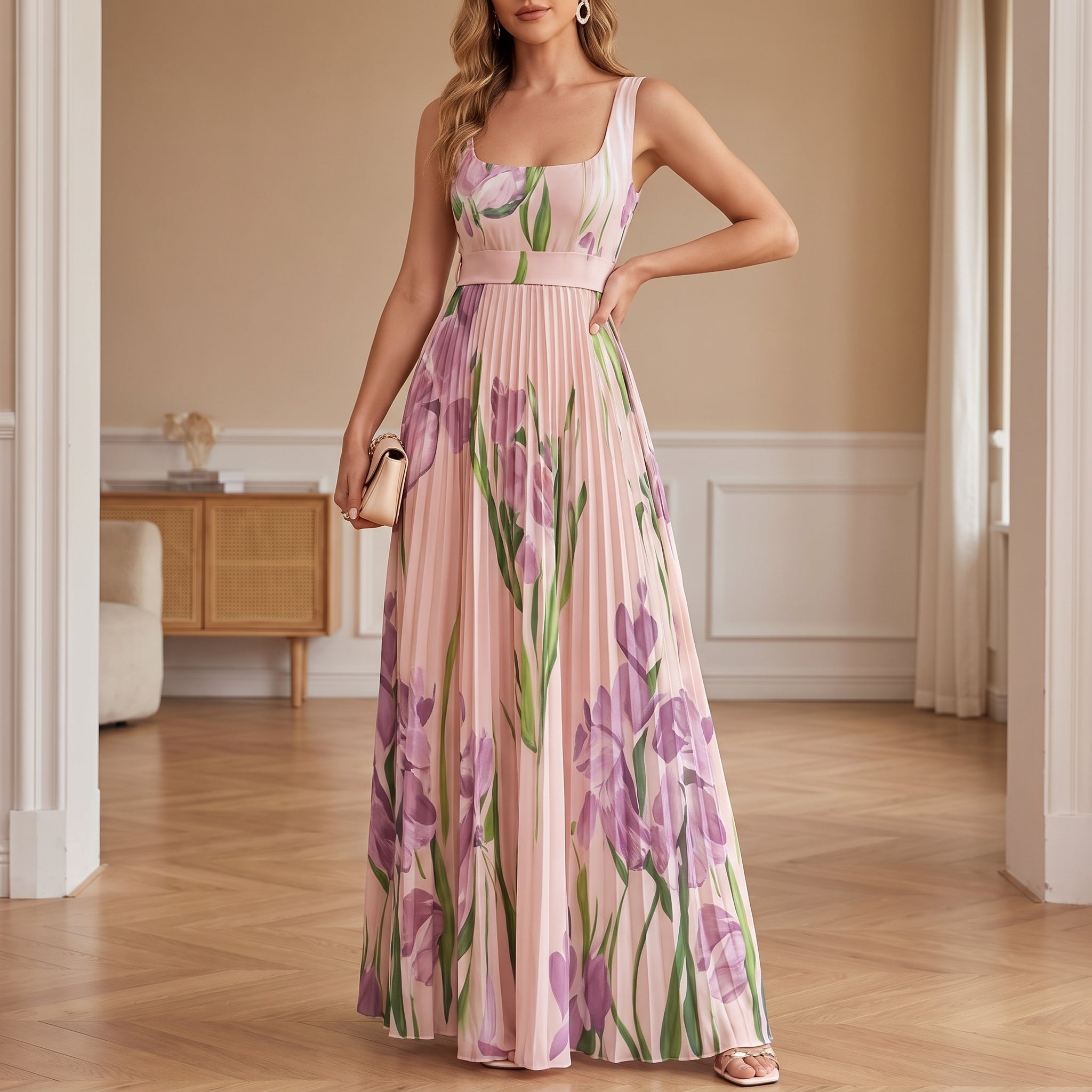 Georgia - Women's Summer Floral Print Pleated Maxi Dress