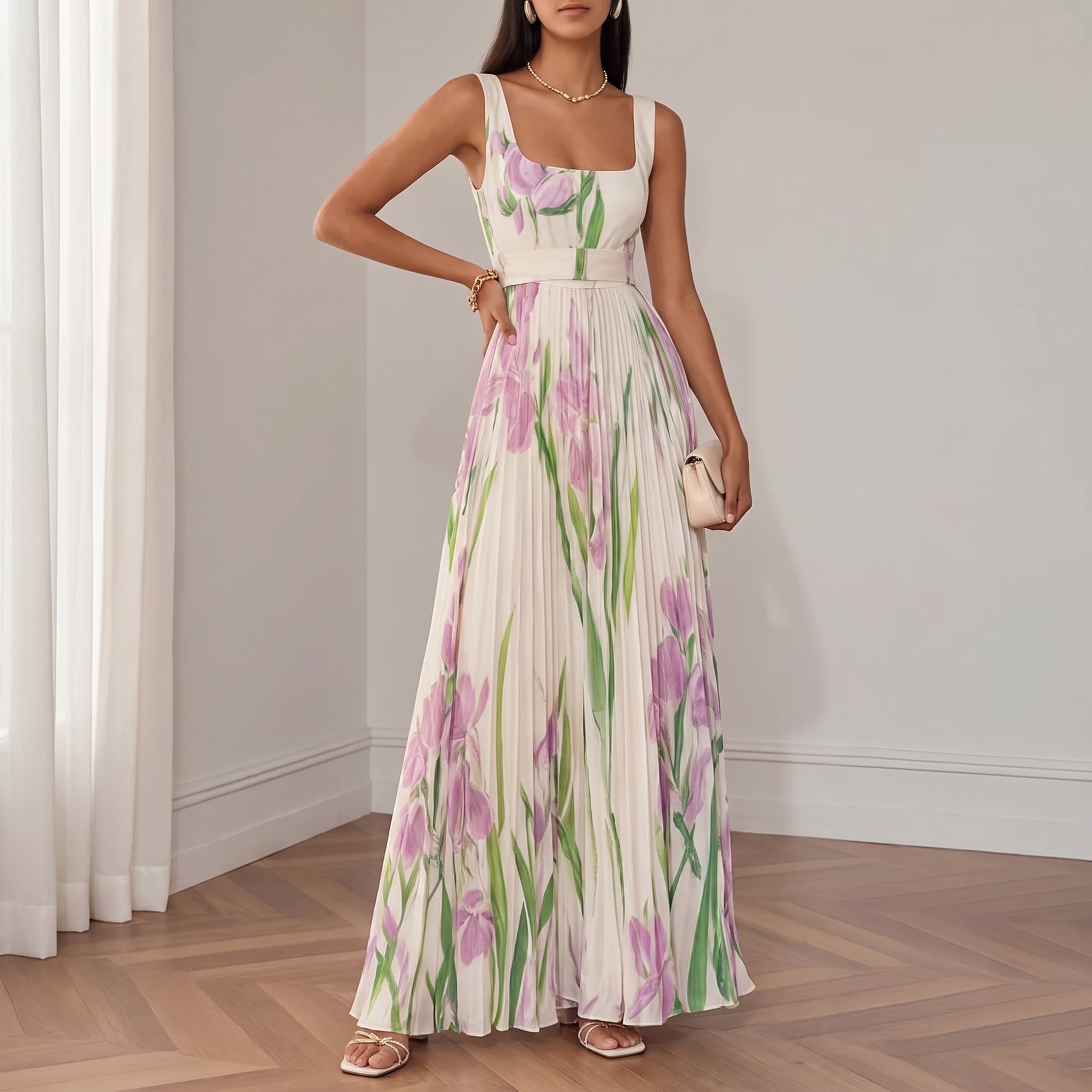 Georgia - Women's Summer Floral Print Pleated Maxi Dress