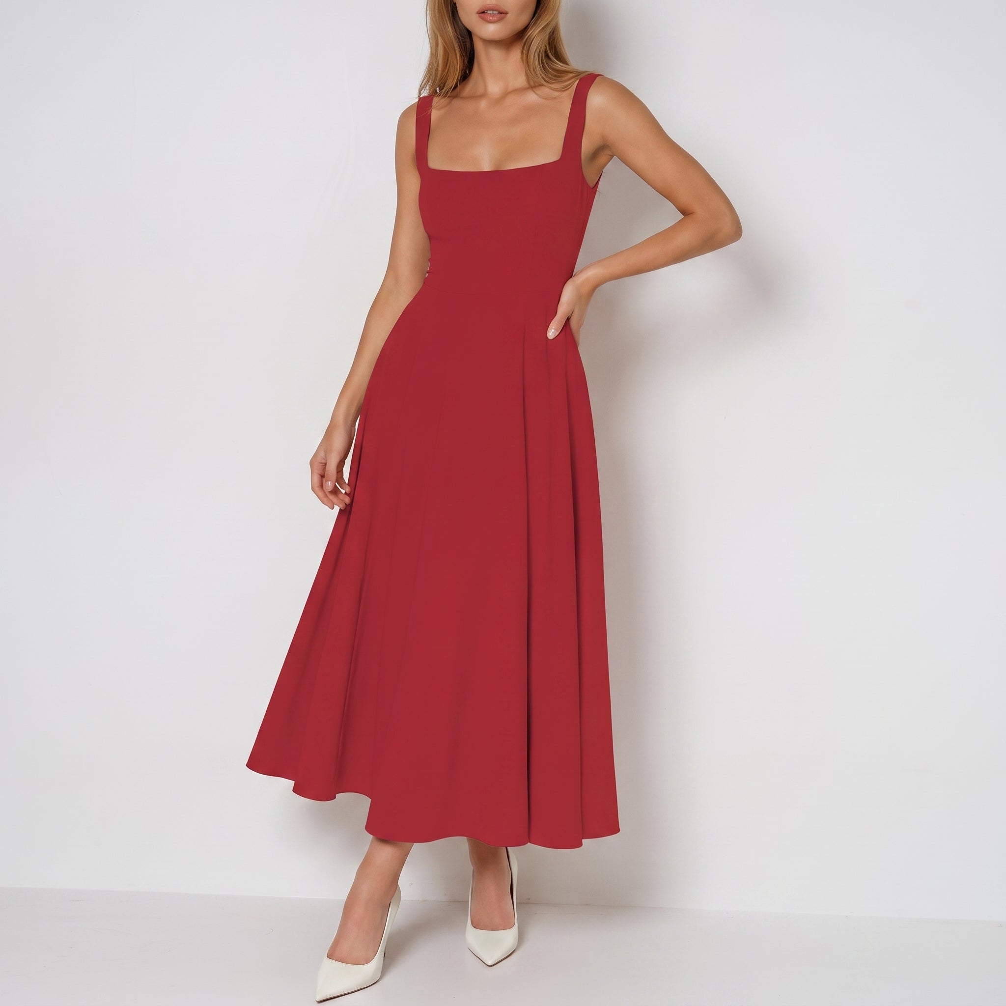 Victoria - Women's Evening Square Neck Ruched Bodice Maxi Dress