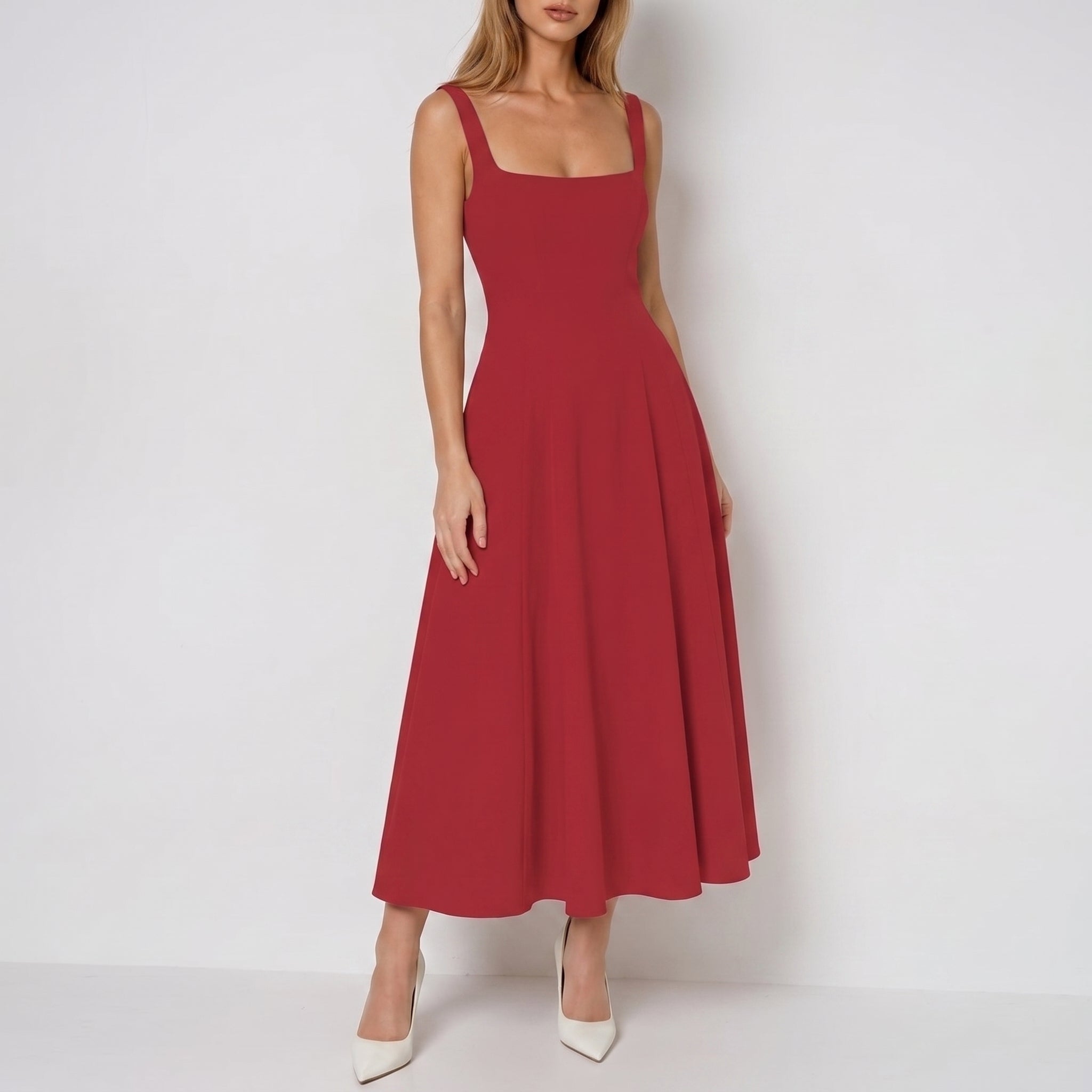 Victoria - Women's Evening Square Neck Ruched Bodice Maxi Dress