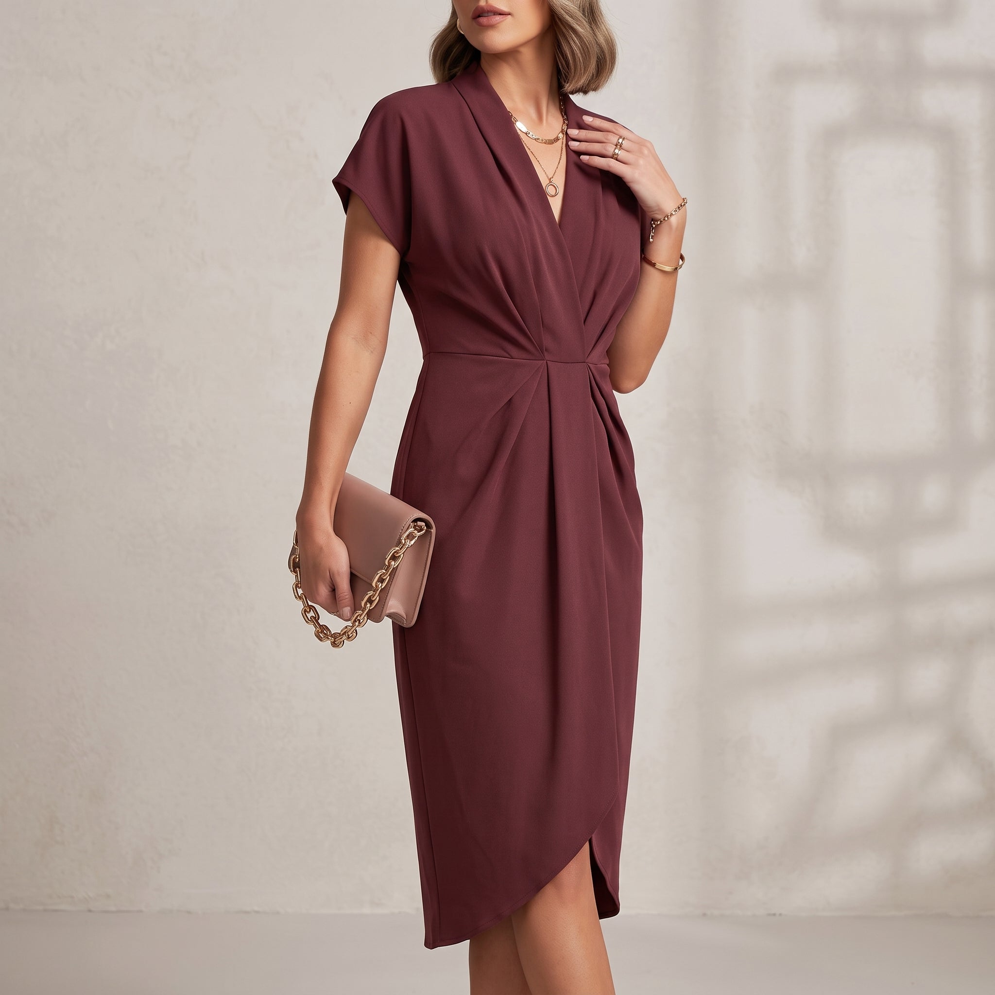Diana - Women's Evening Slit Draped Midi Dress