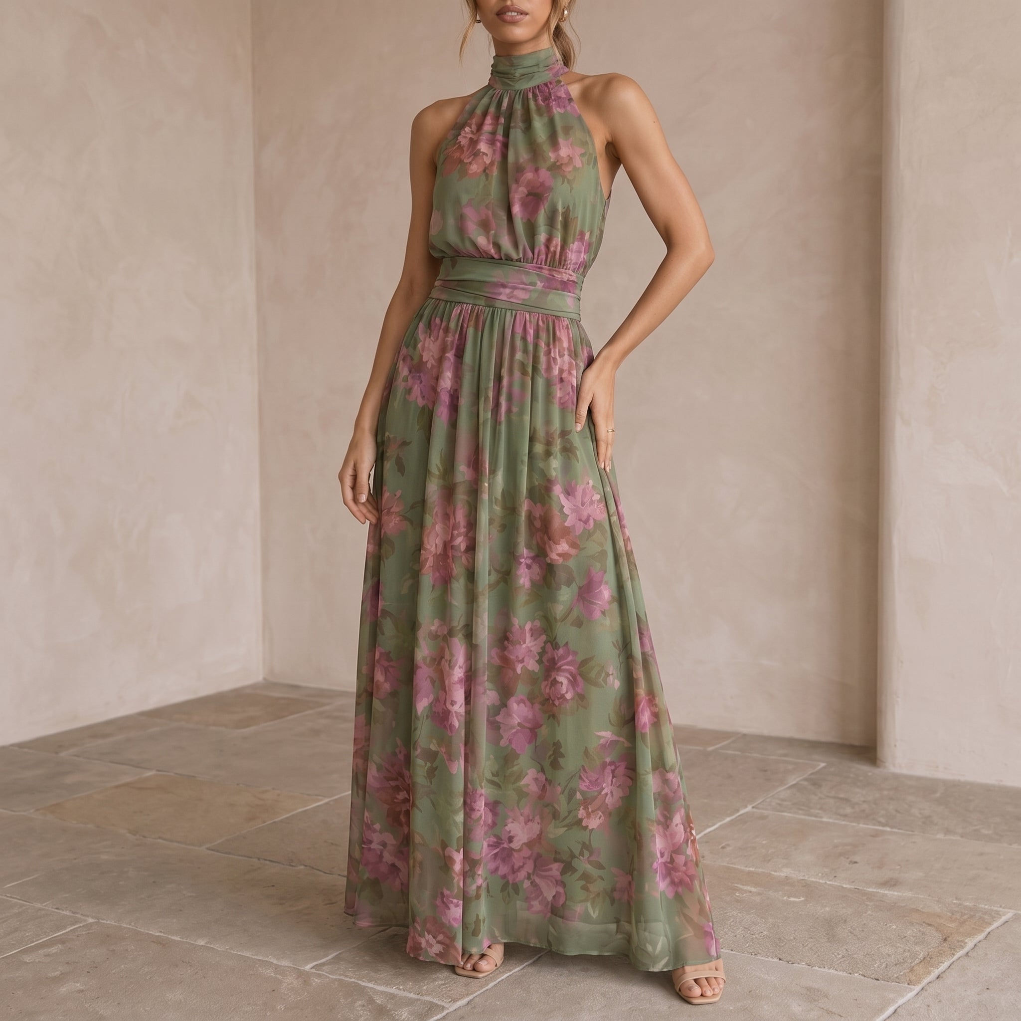 Lily - Women's Summer Floral Print Halter Neck Maxi Dress