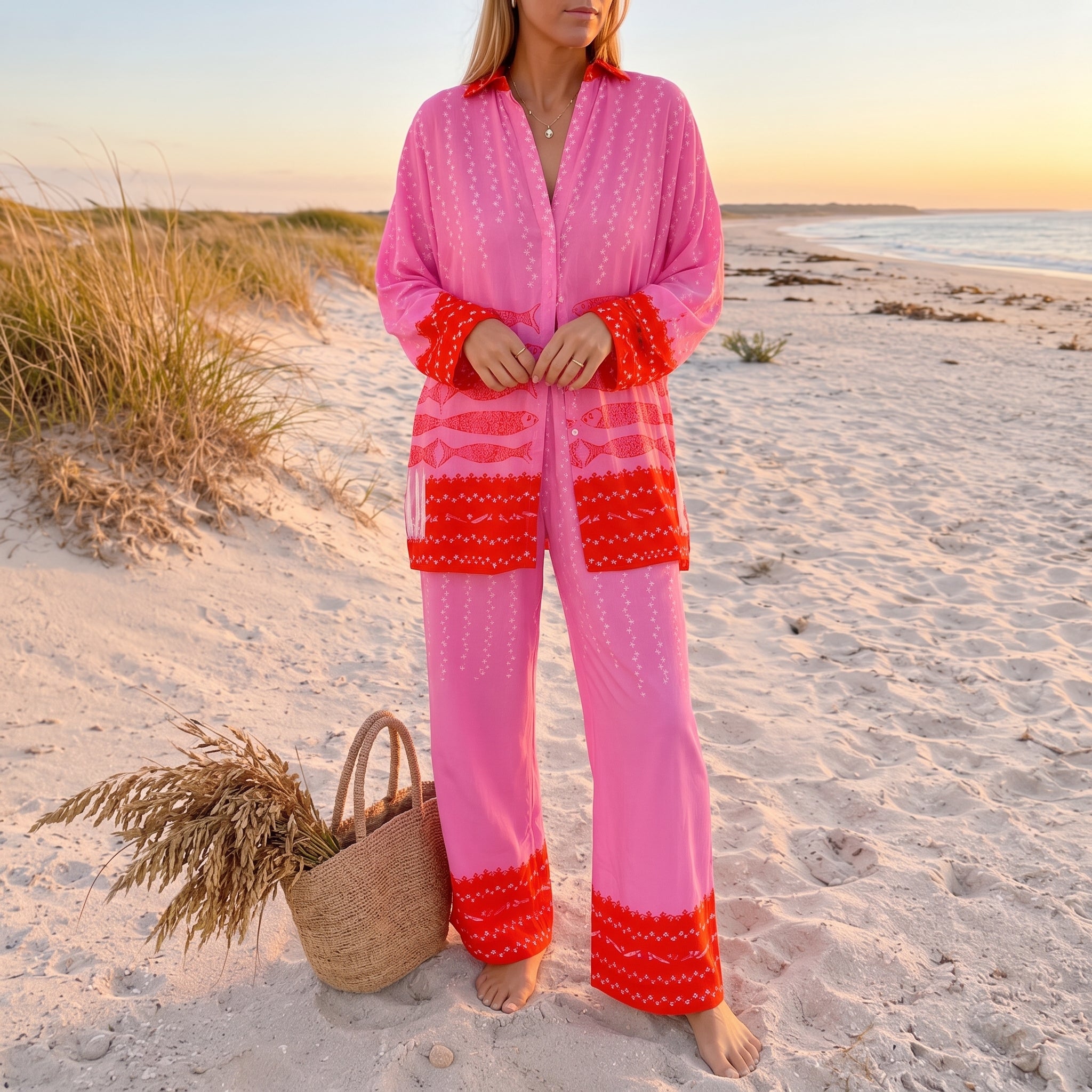Rosa - Women's Printed Contrast Trim Wide-Leg Summer Co-ord Set