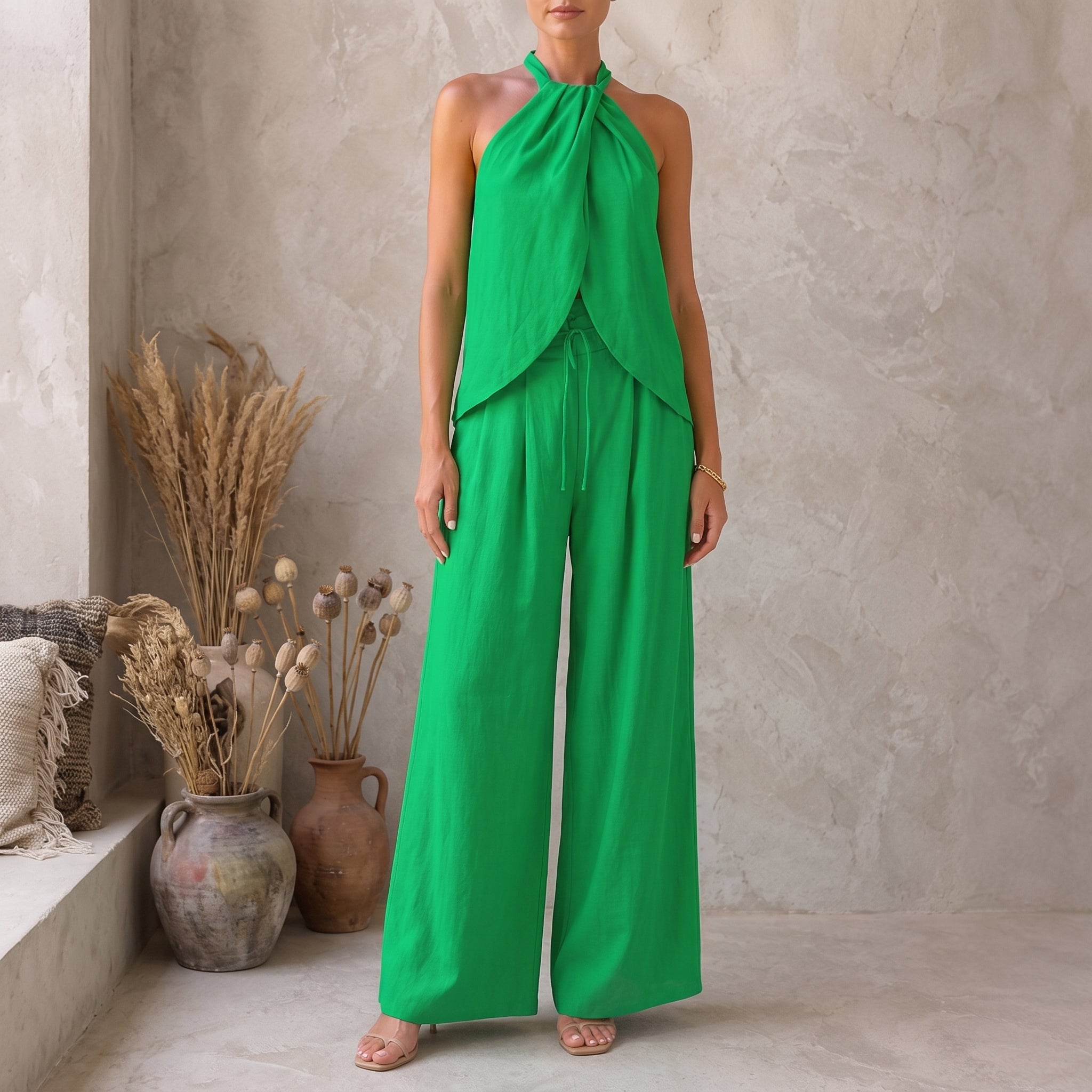 Phoebe - Women's Summer Halter Neck Wrap Top Trouser Co-ord Set