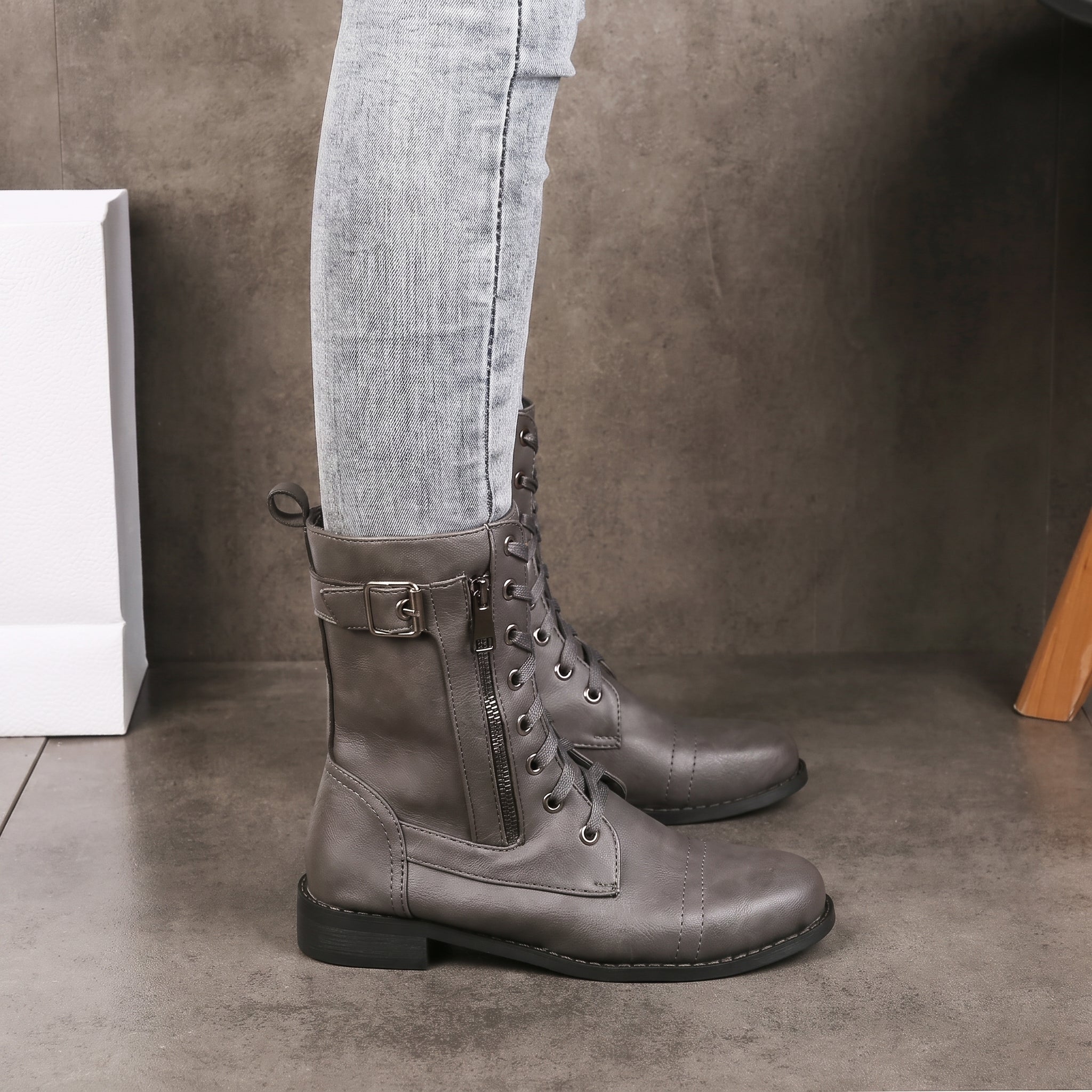 Sophie - Women's Lace-Up Mid-Calf Boots with Buckle Strap