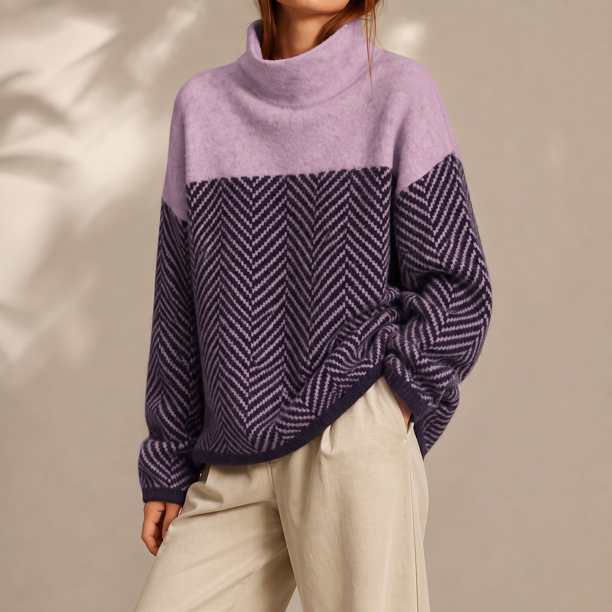 Charlotte - Women's Chevron Turtleneck Jumper with Colour-Block Panel
