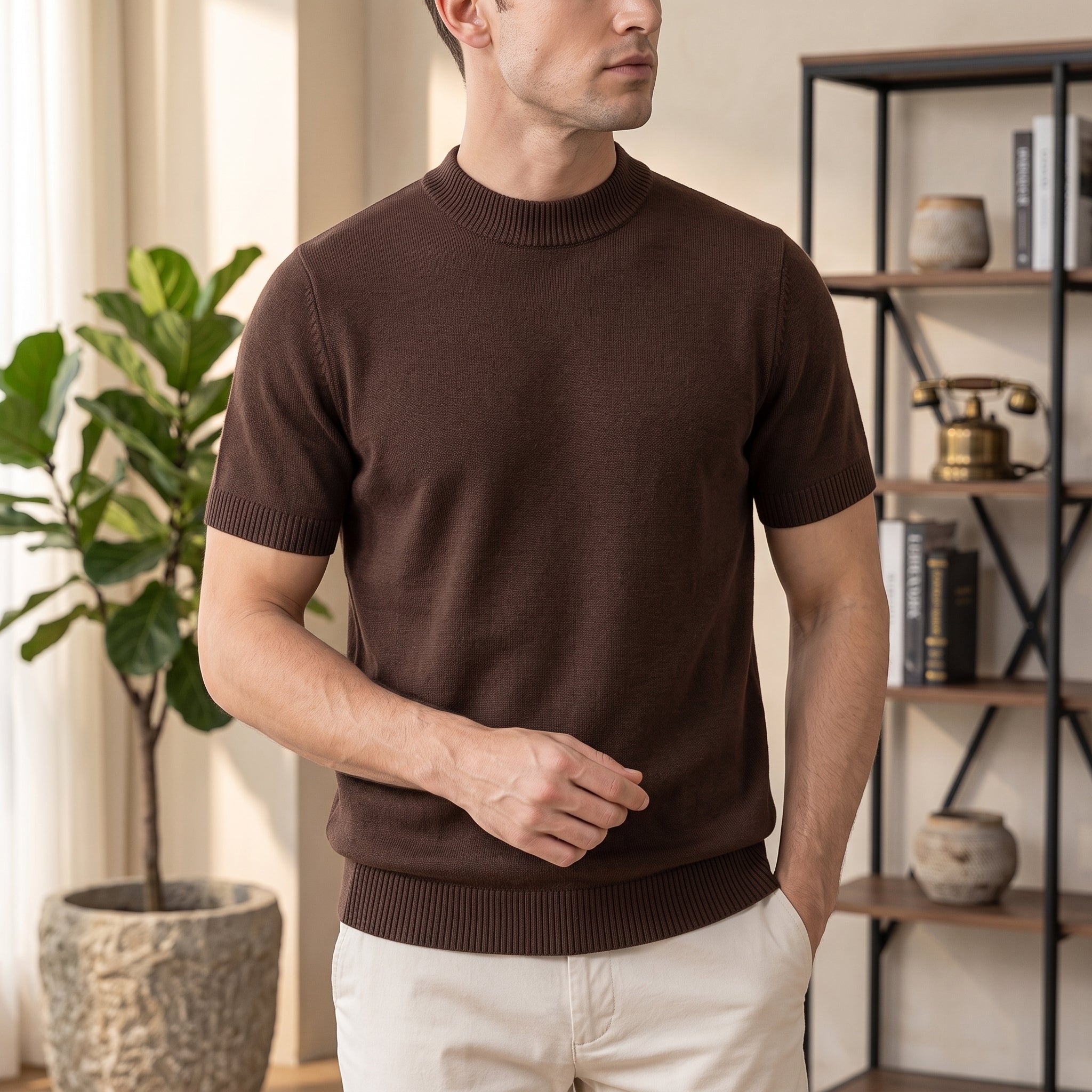 Thomas - Men's Summer Slim Fit Ribbed Mock Neck T-Shirt