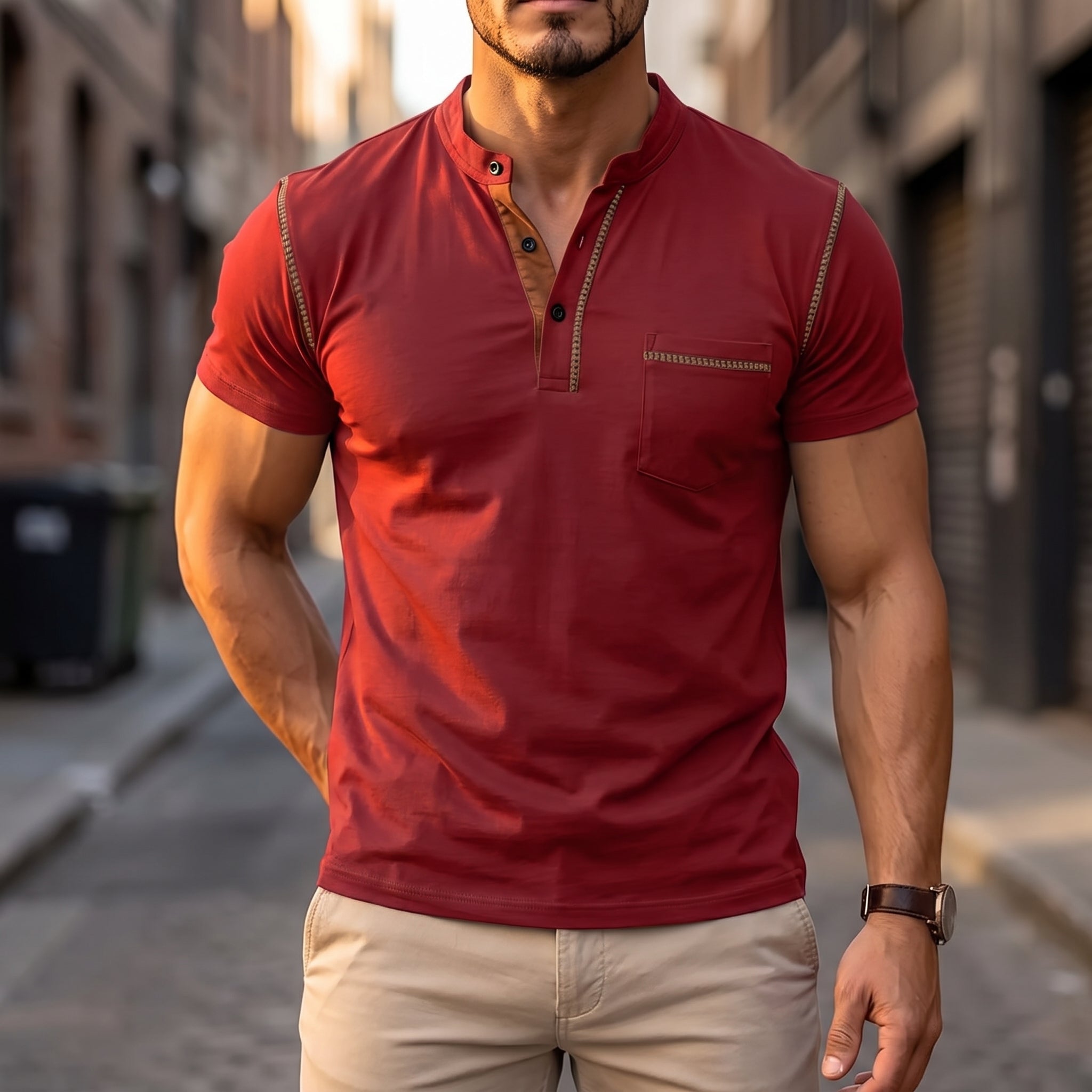 Friedrich - Men's Summer Grandad Collar Half Button T-Shirt