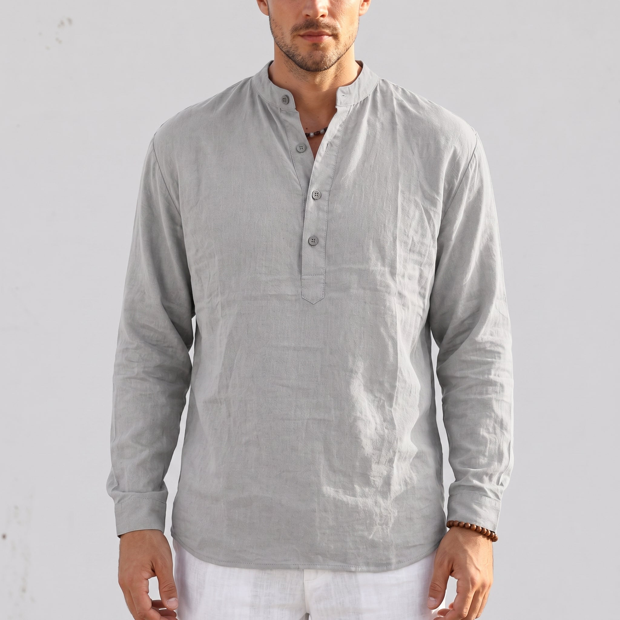 Louis - Men's Casual Grandad Collar  Long Sleeve Shirt