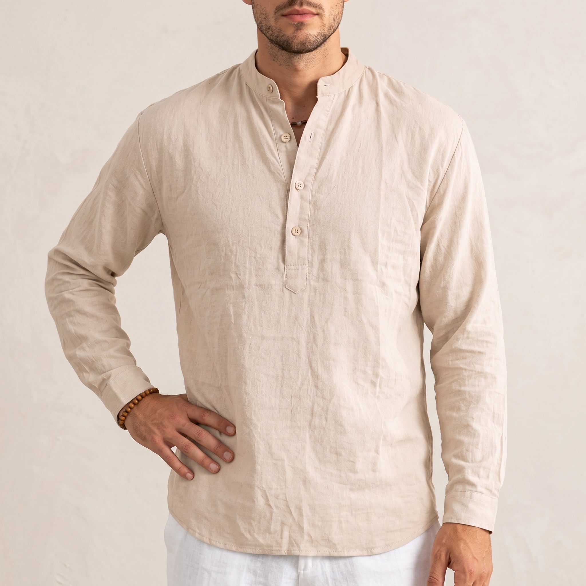 Louis - Men's Casual Grandad Collar  Long Sleeve Shirt