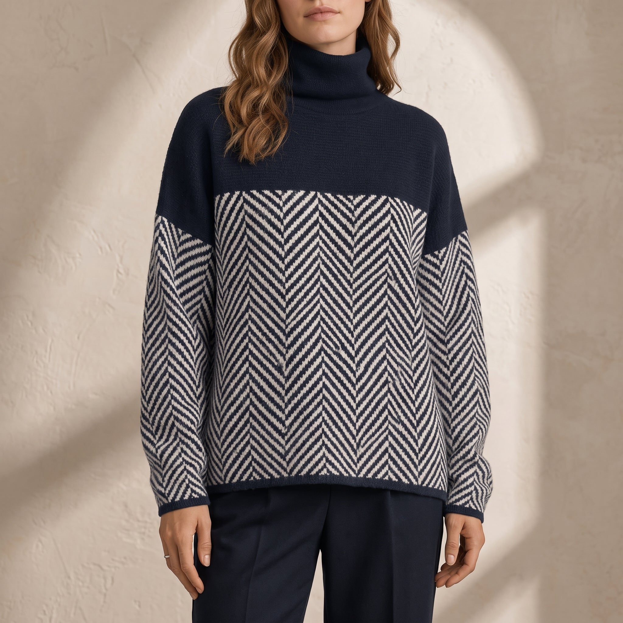 Charlotte - Women's Chevron Turtleneck Jumper with Colour-Block Panel