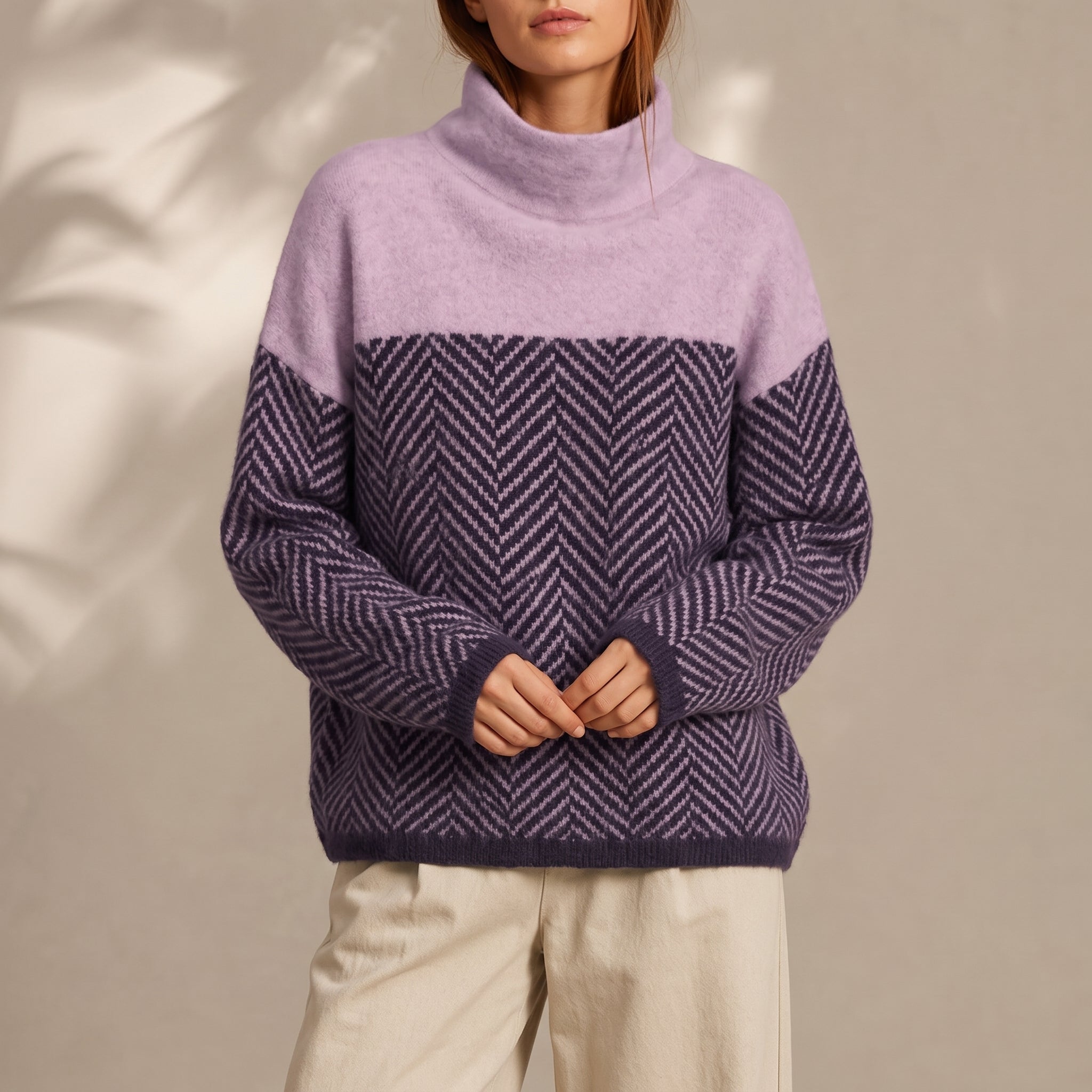 Charlotte - Women's Chevron Turtleneck Jumper with Colour-Block Panel
