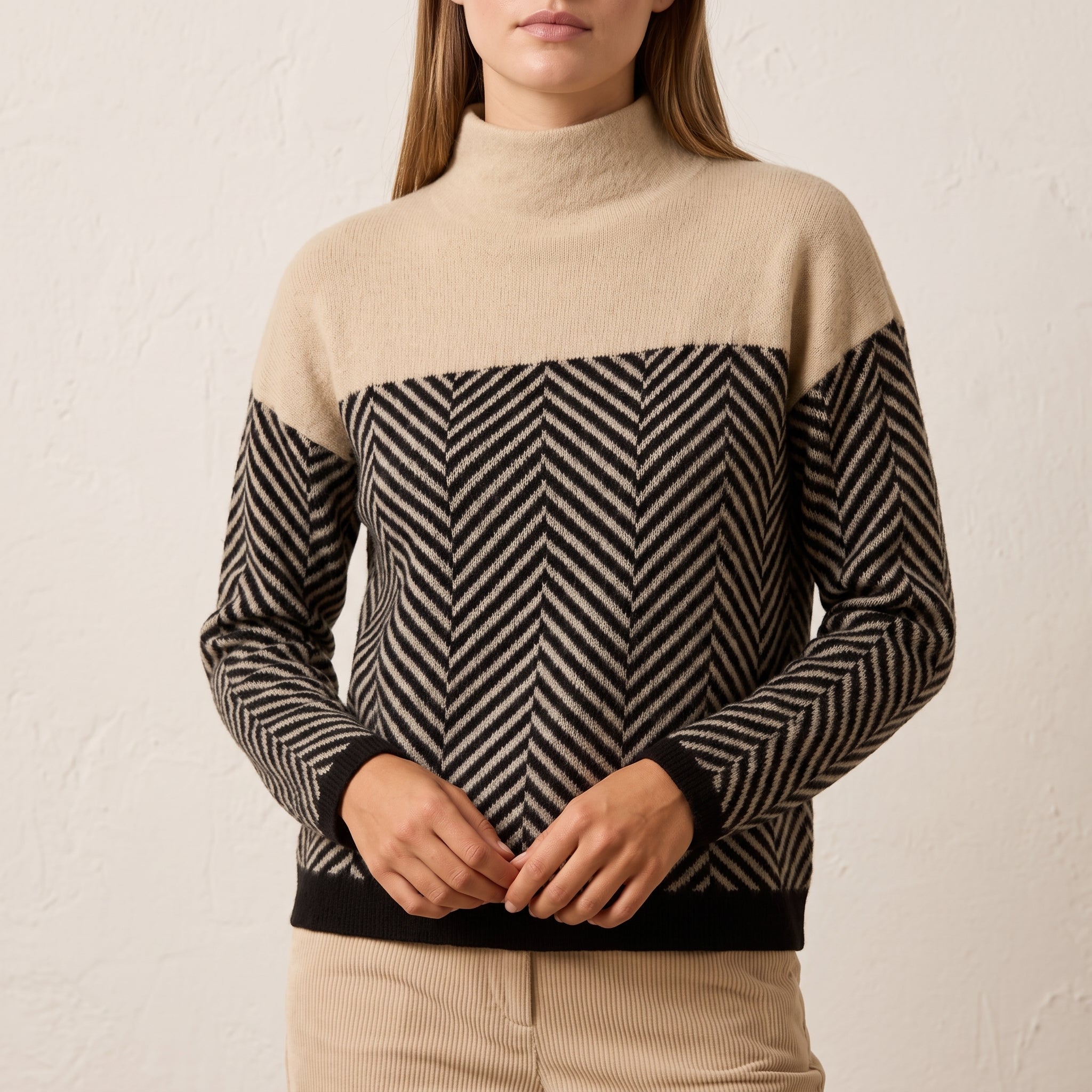 Charlotte - Women's Chevron Turtleneck Jumper with Colour-Block Panel