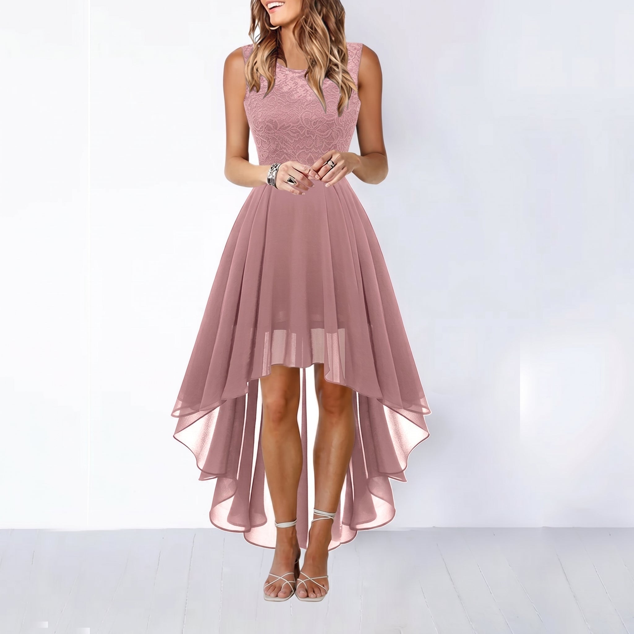 Rosie - Women's Party Lace Bodice Asymmetric Midi Dress