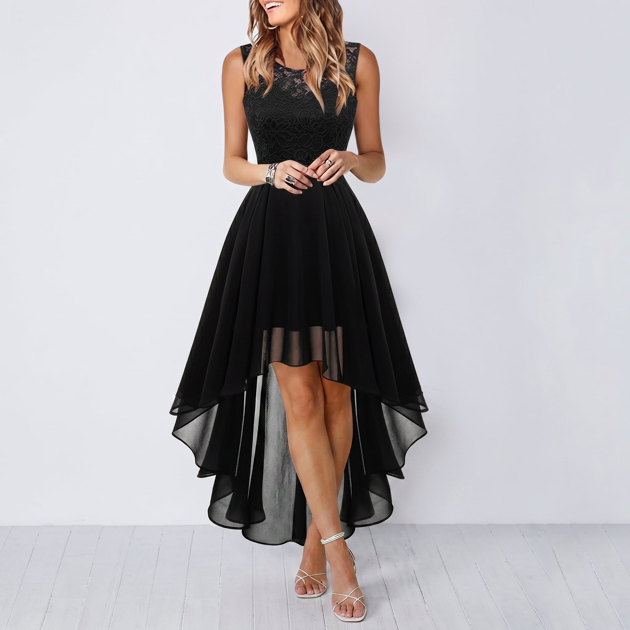 Rosie - Women's Party Lace Bodice Asymmetric Midi Dress