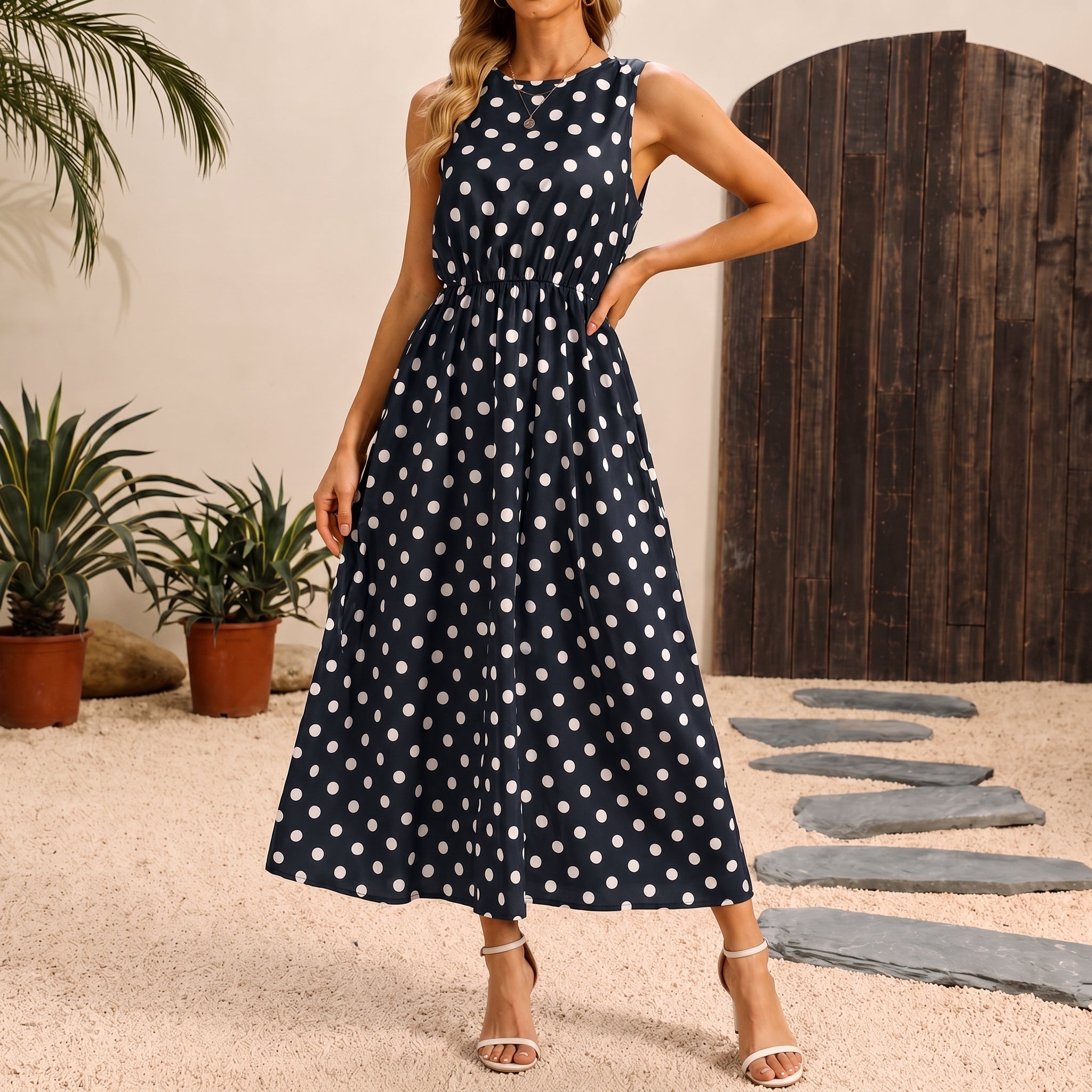 Lena - Women's Summer Sleeveless Polka Dot Maxi Dress