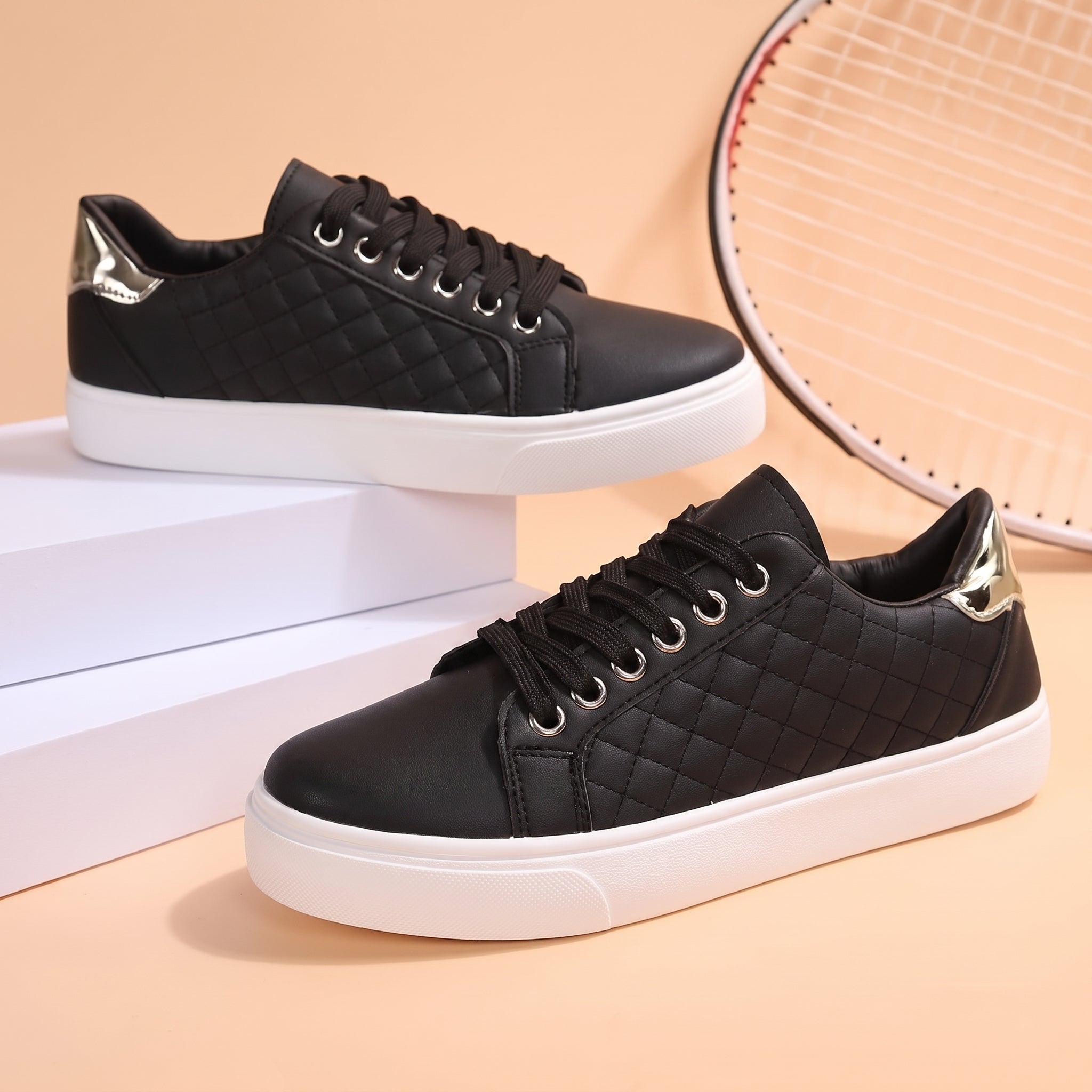 Alice - Women's Orthopaedic Quilted  Gold Eyelet Trainers