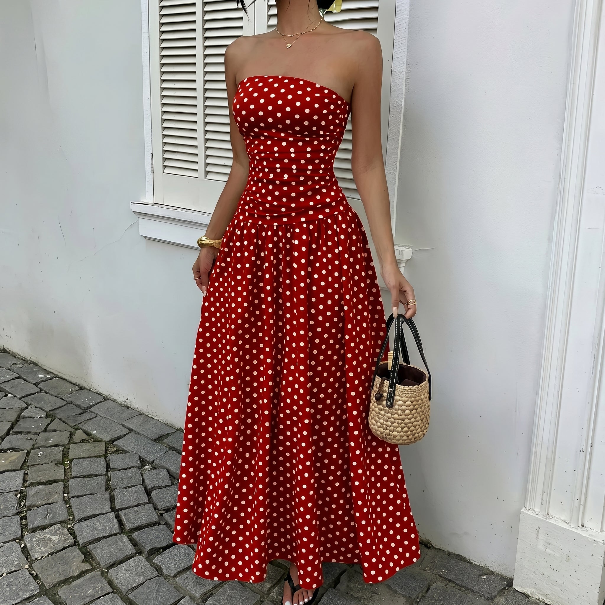 Lorelei - Women's Summer Polka Dot Strapless Maxi Dress